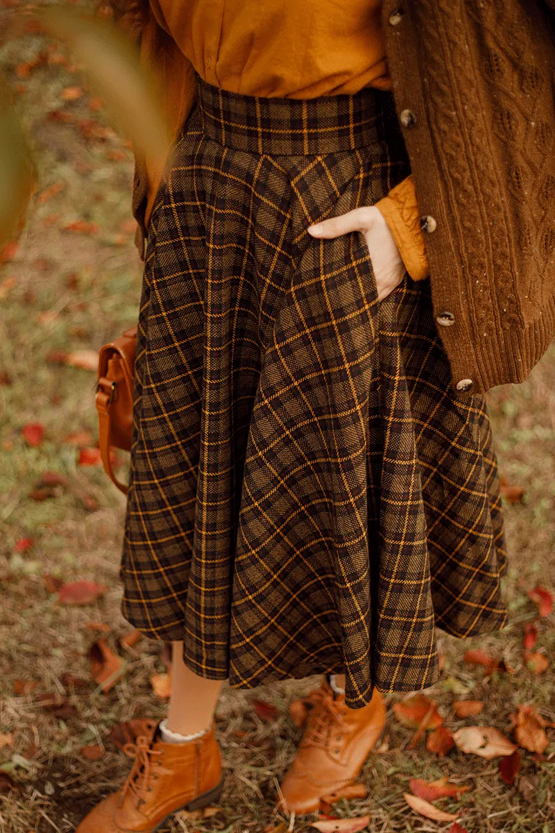 Midi Wool Plaid Circle Skirt For Women 4733