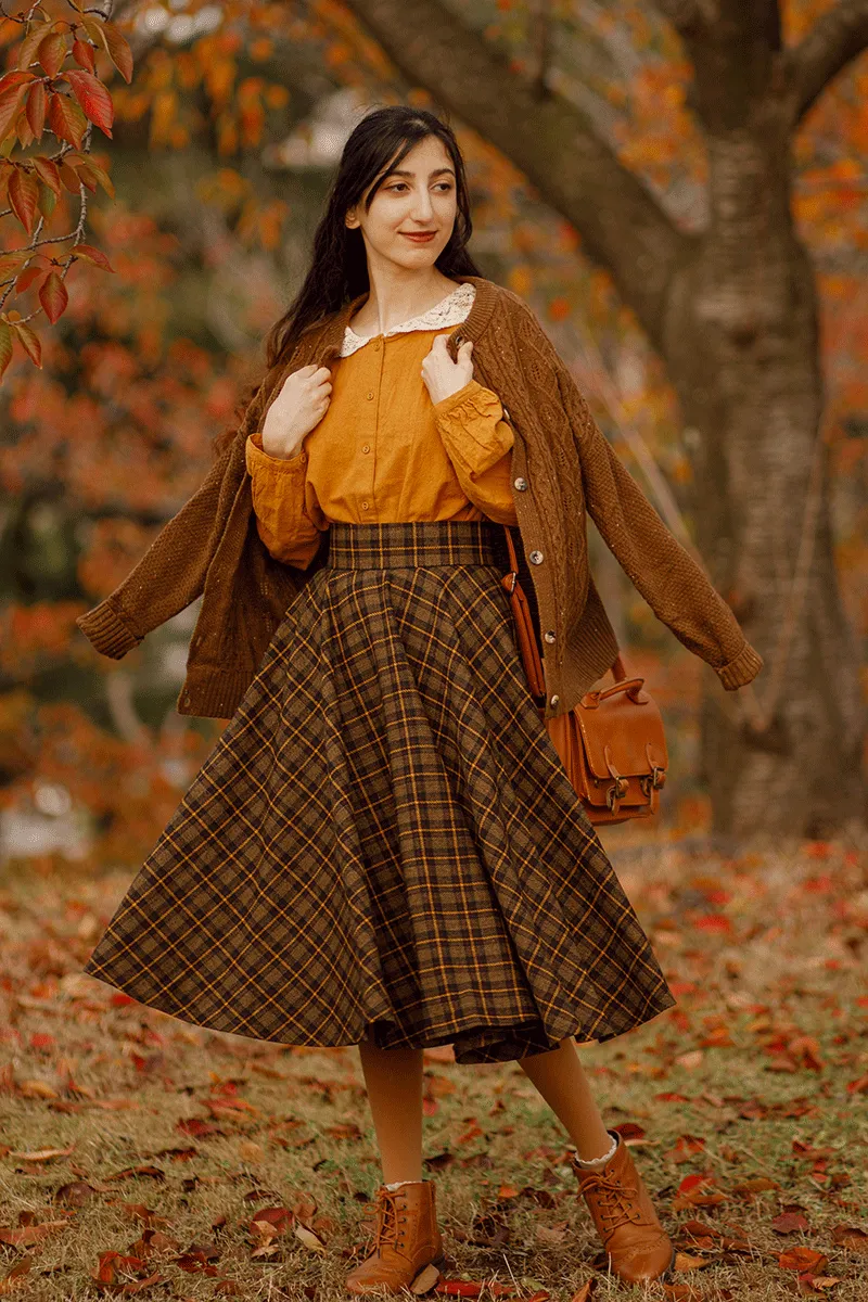 Midi Wool Plaid Circle Skirt For Women 4733