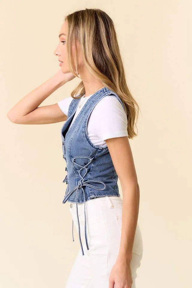 MIDTONE LACE UP DENIM VEST