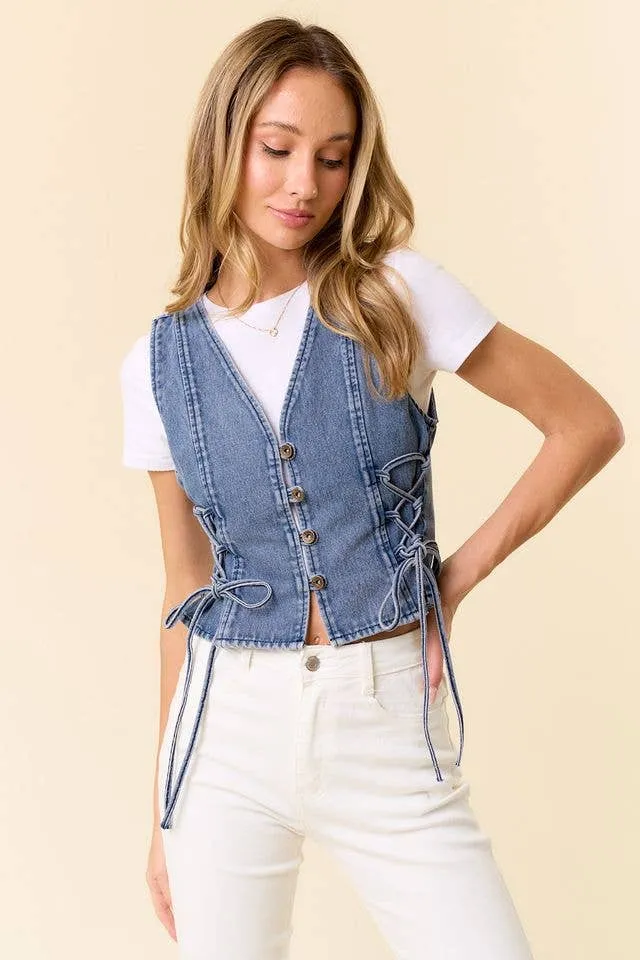 MIDTONE LACE UP DENIM VEST