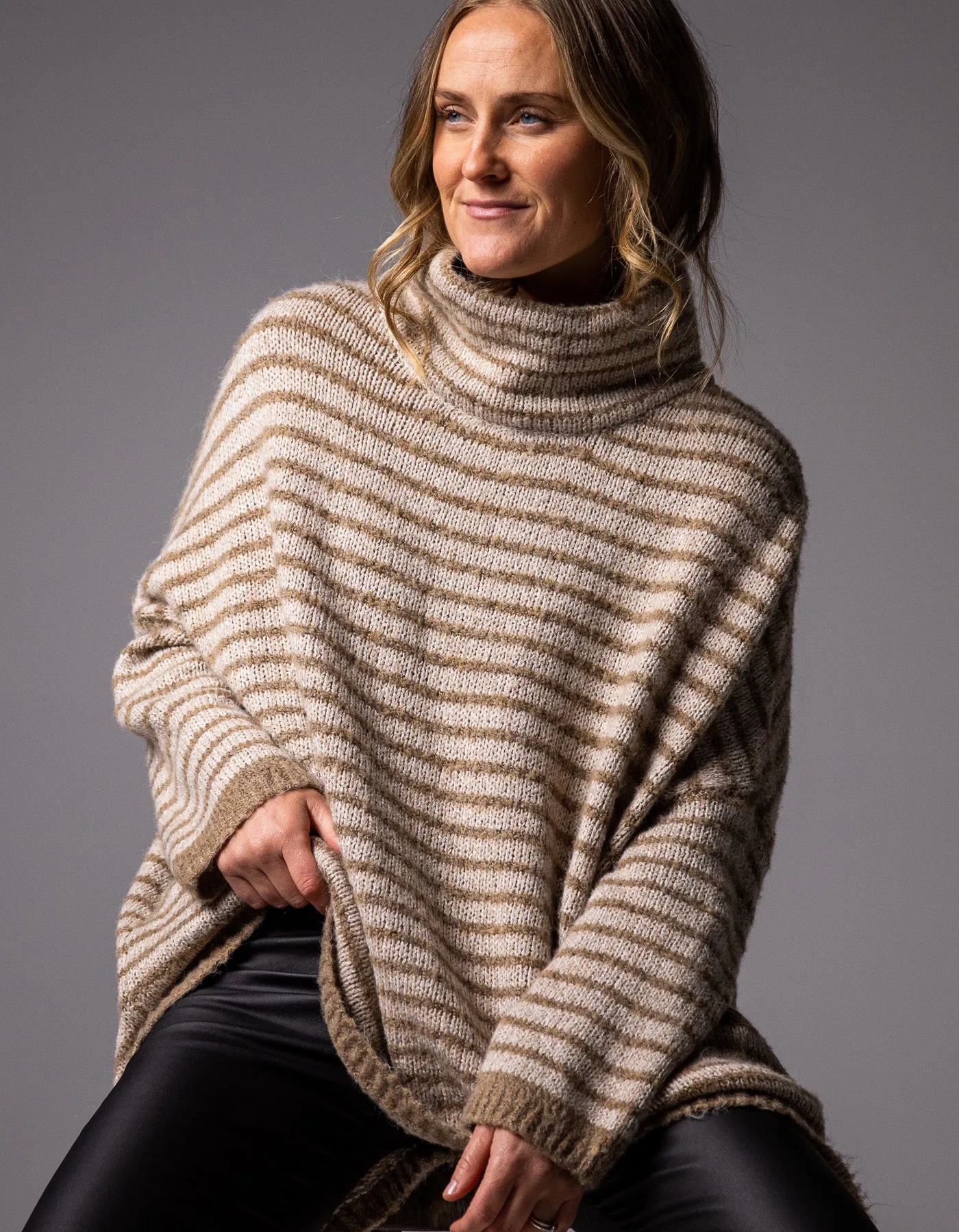 Monika Oversize Knit Jumper in Beige/Mocha Stripe