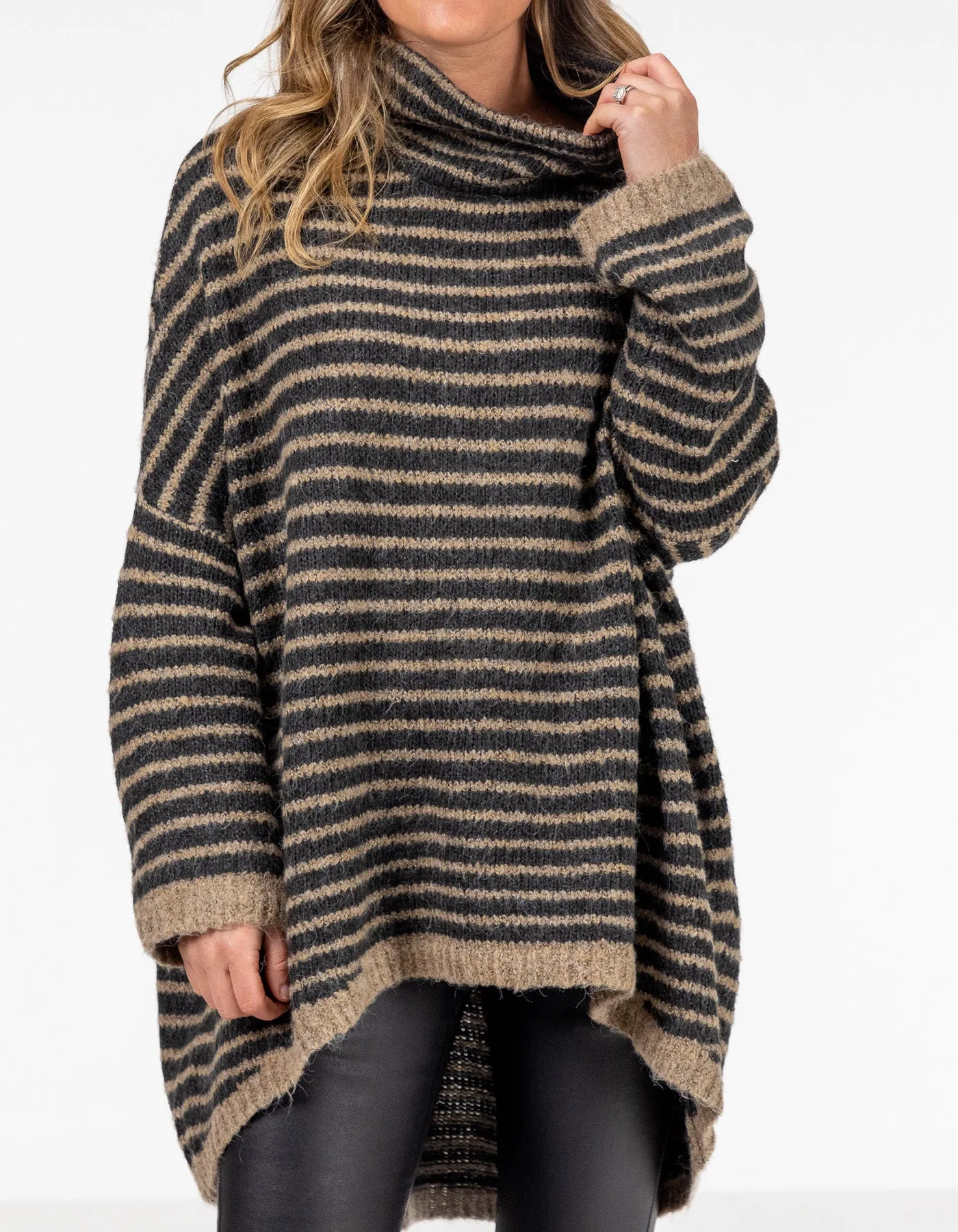 Monika Oversize Knit Jumper in Black/Mocha Stripe