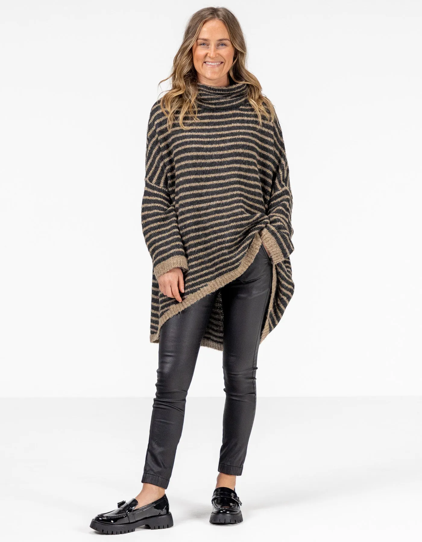 Monika Oversize Knit Jumper in Black/Mocha Stripe