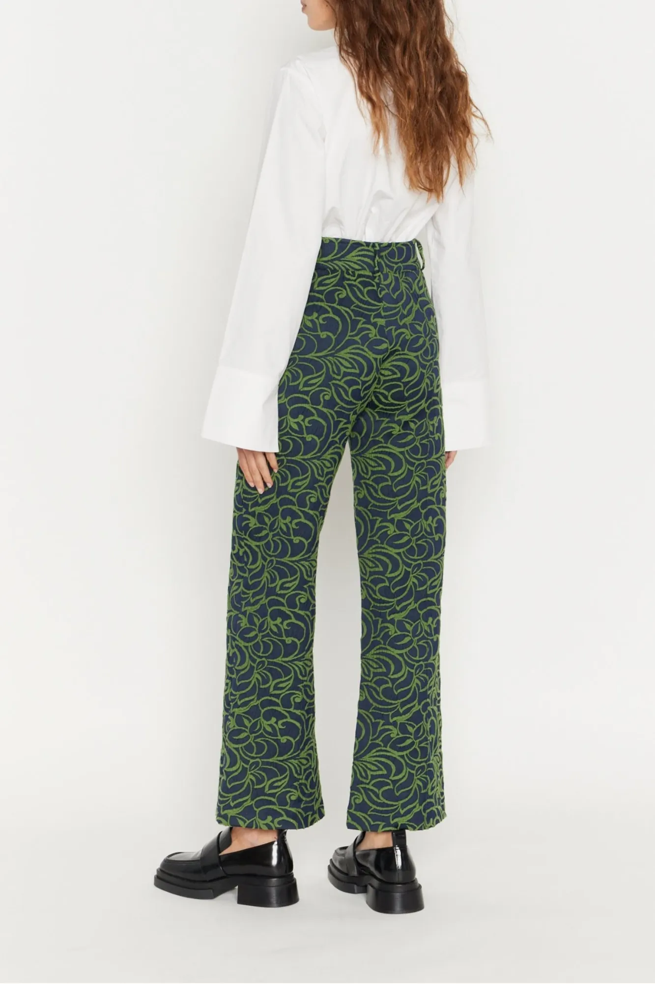 Navy & Olive Jacquard Print Flared Pants