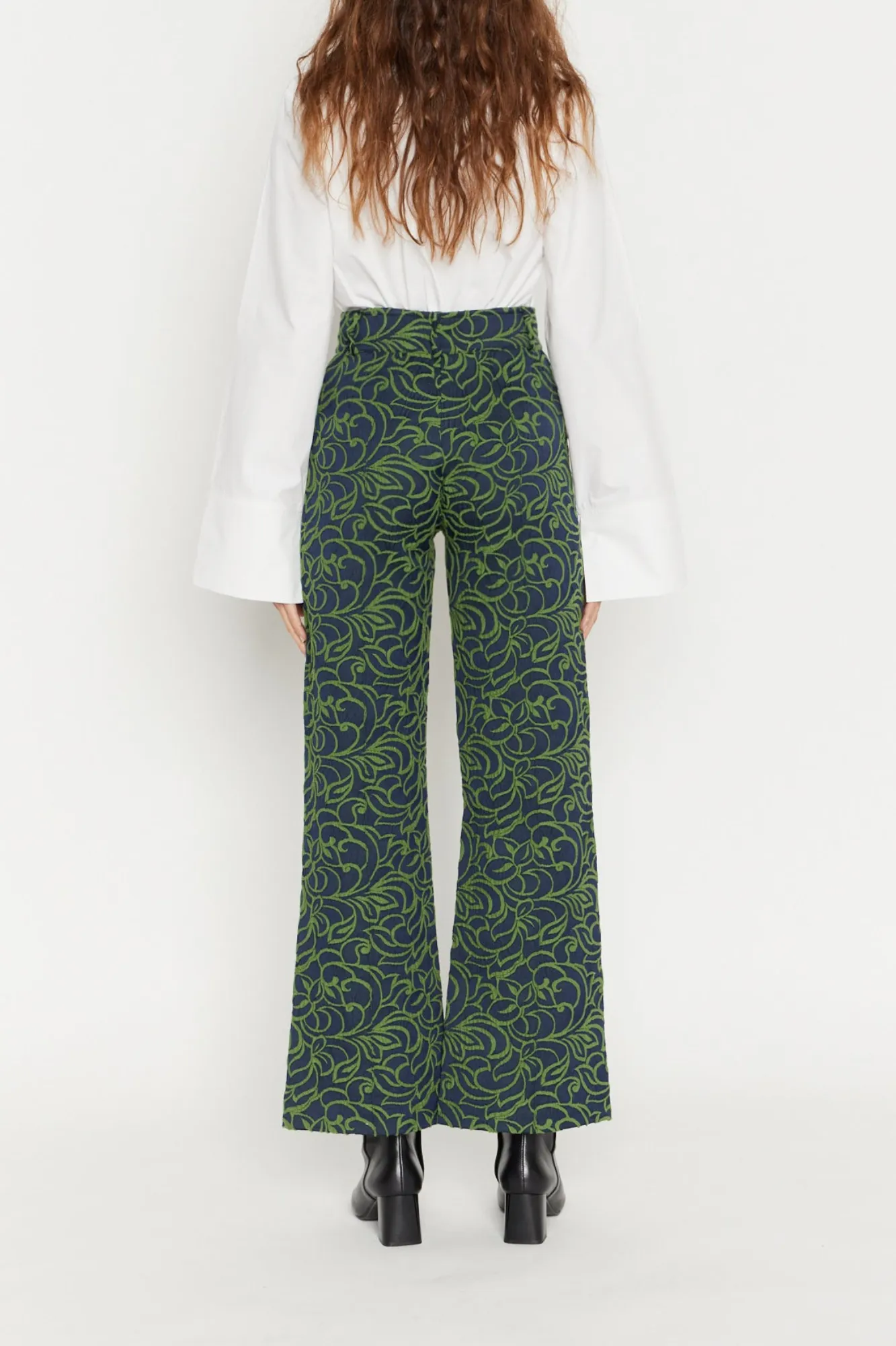 Navy & Olive Jacquard Print Flared Pants