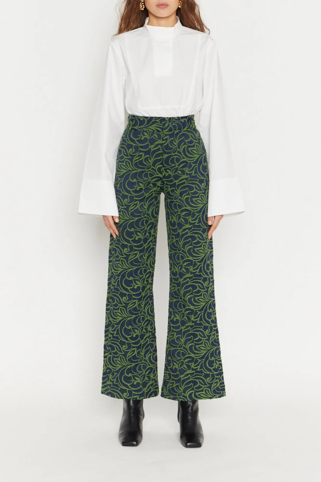 Navy & Olive Jacquard Print Flared Pants