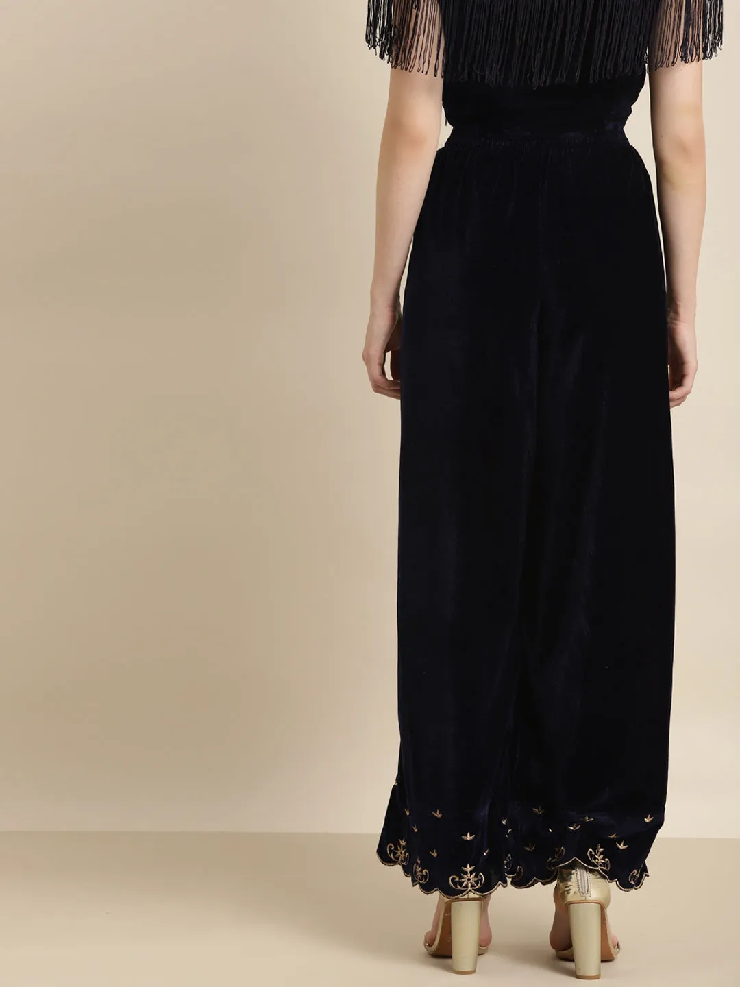 Navy Velvet Embroidered Flared Pants