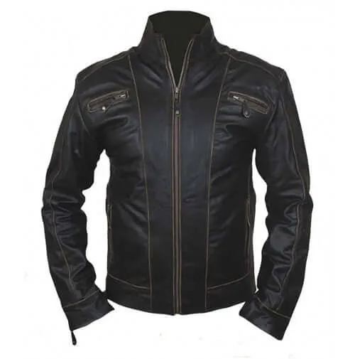 New Men's Black Rub Off Front Zipper Original Leather Jacket, Black Leather Jacket