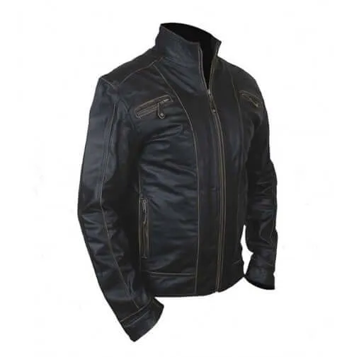 New Men's Black Rub Off Front Zipper Original Leather Jacket, Black Leather Jacket