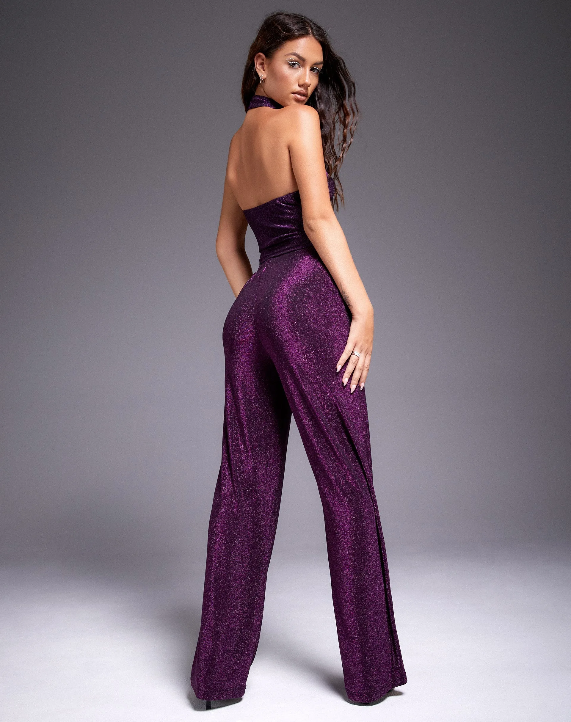 Niran Wide Leg Trouser in Slinky Glitter Dark Purple