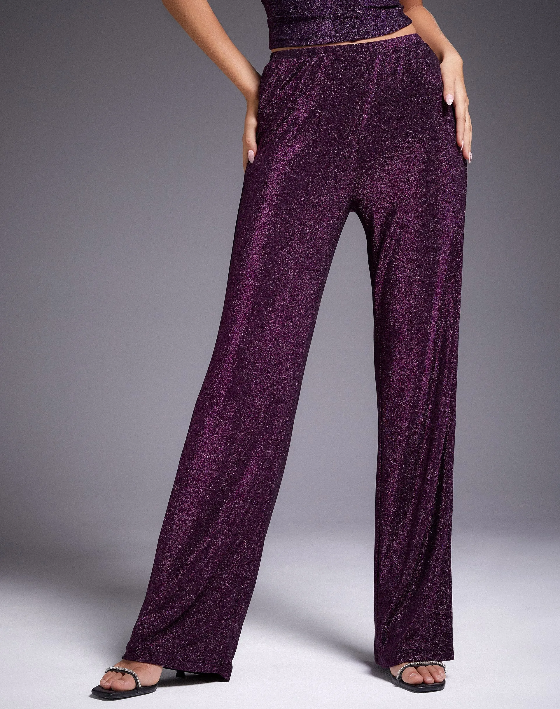 Niran Wide Leg Trouser in Slinky Glitter Dark Purple