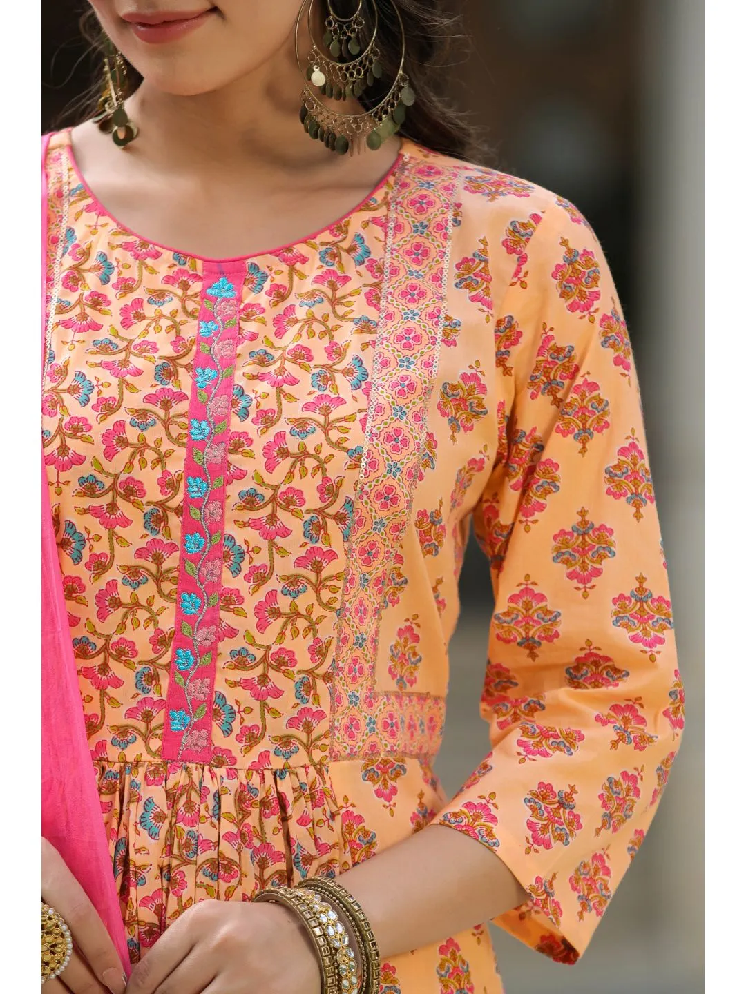 Peach Blossom Printed Cotton Kurta Suit Set