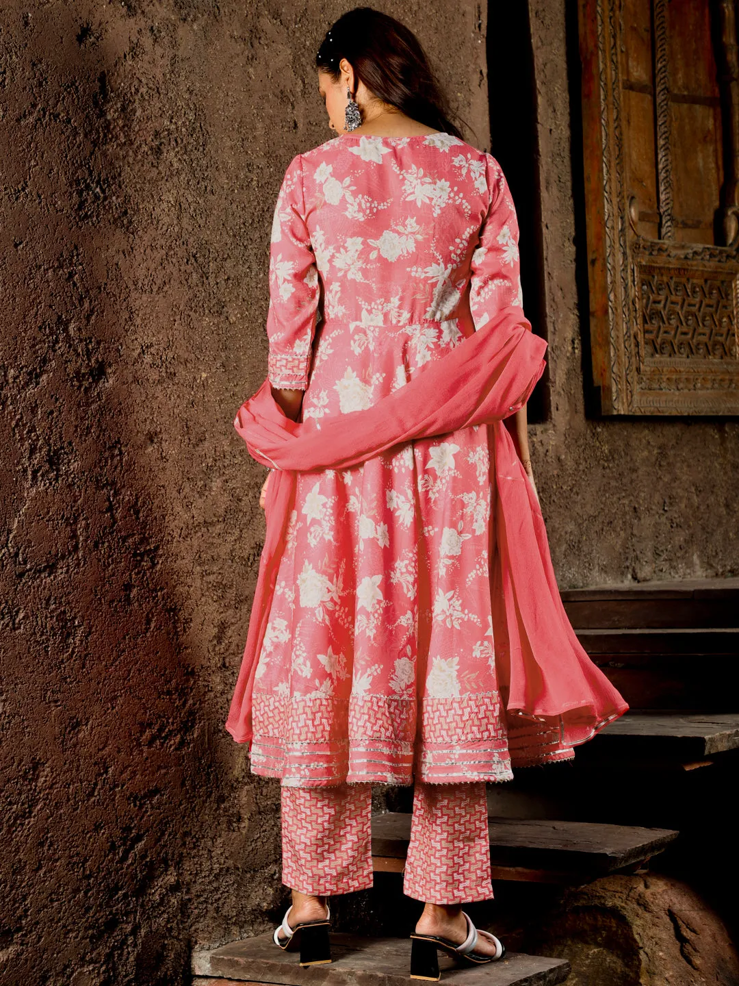 Peach Floral Print Flared Kurta With Pants And Dupatta