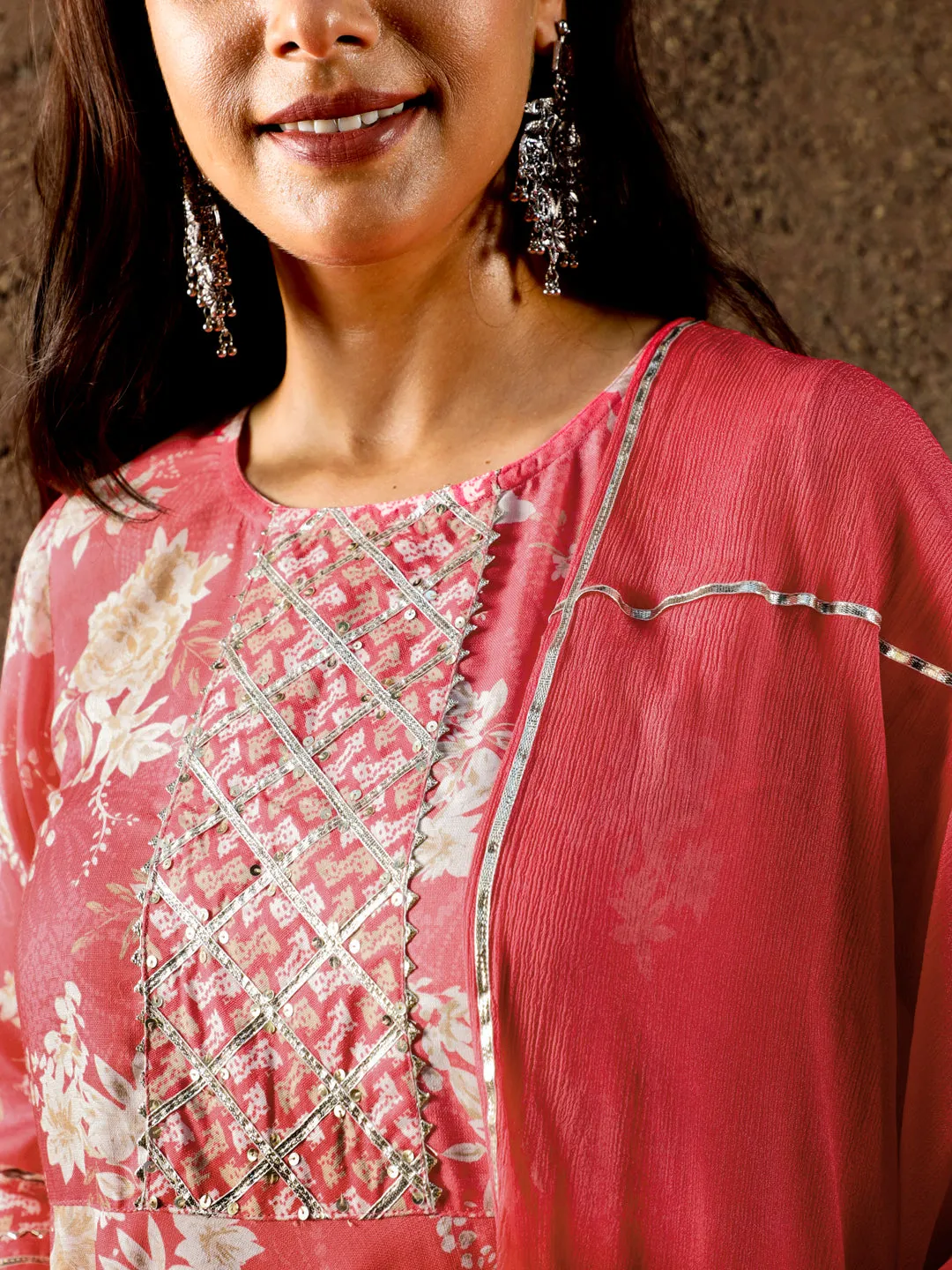 Peach Floral Print Flared Kurta With Pants And Dupatta