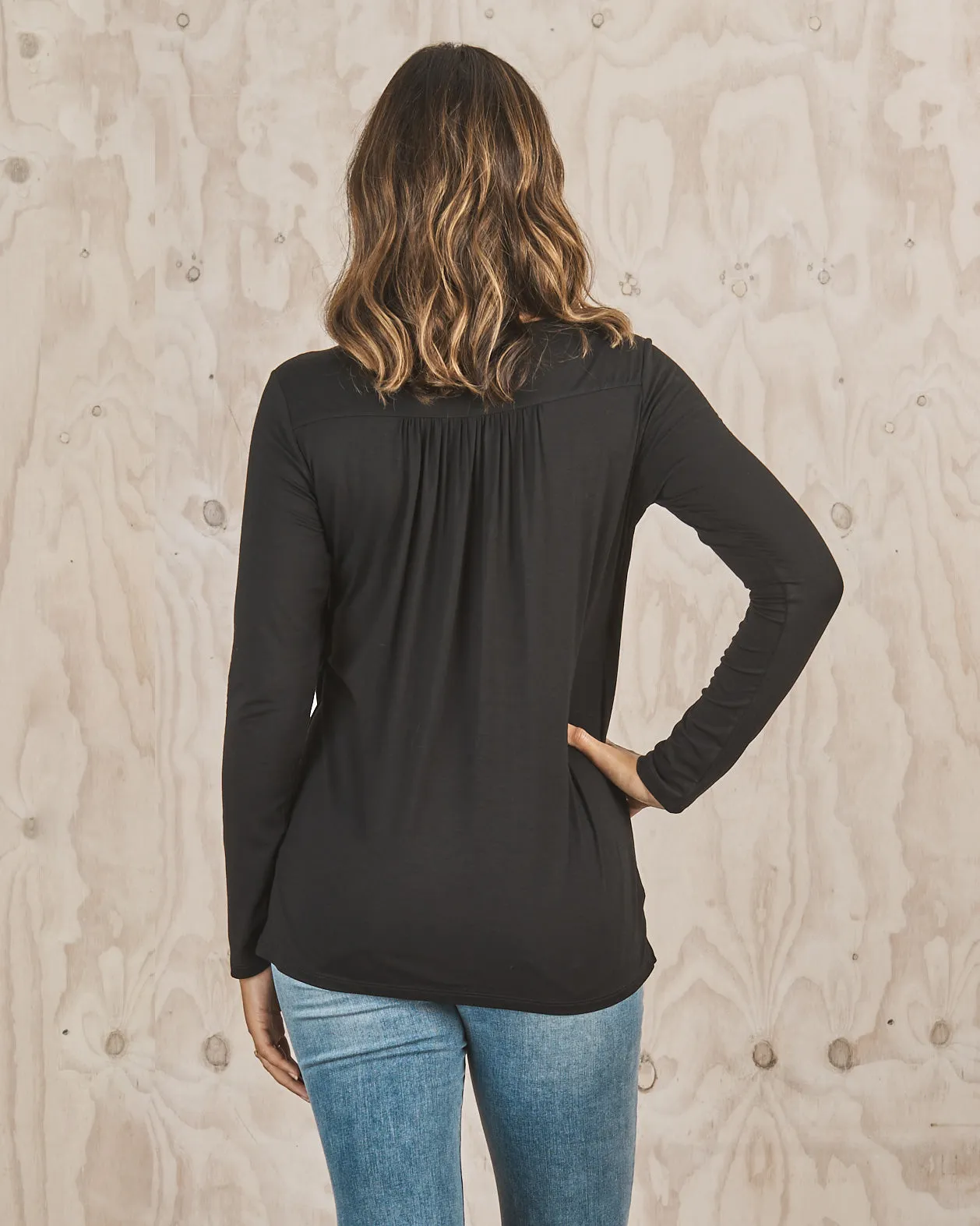 Petal Front Long Sleeve Nursing Top - Black