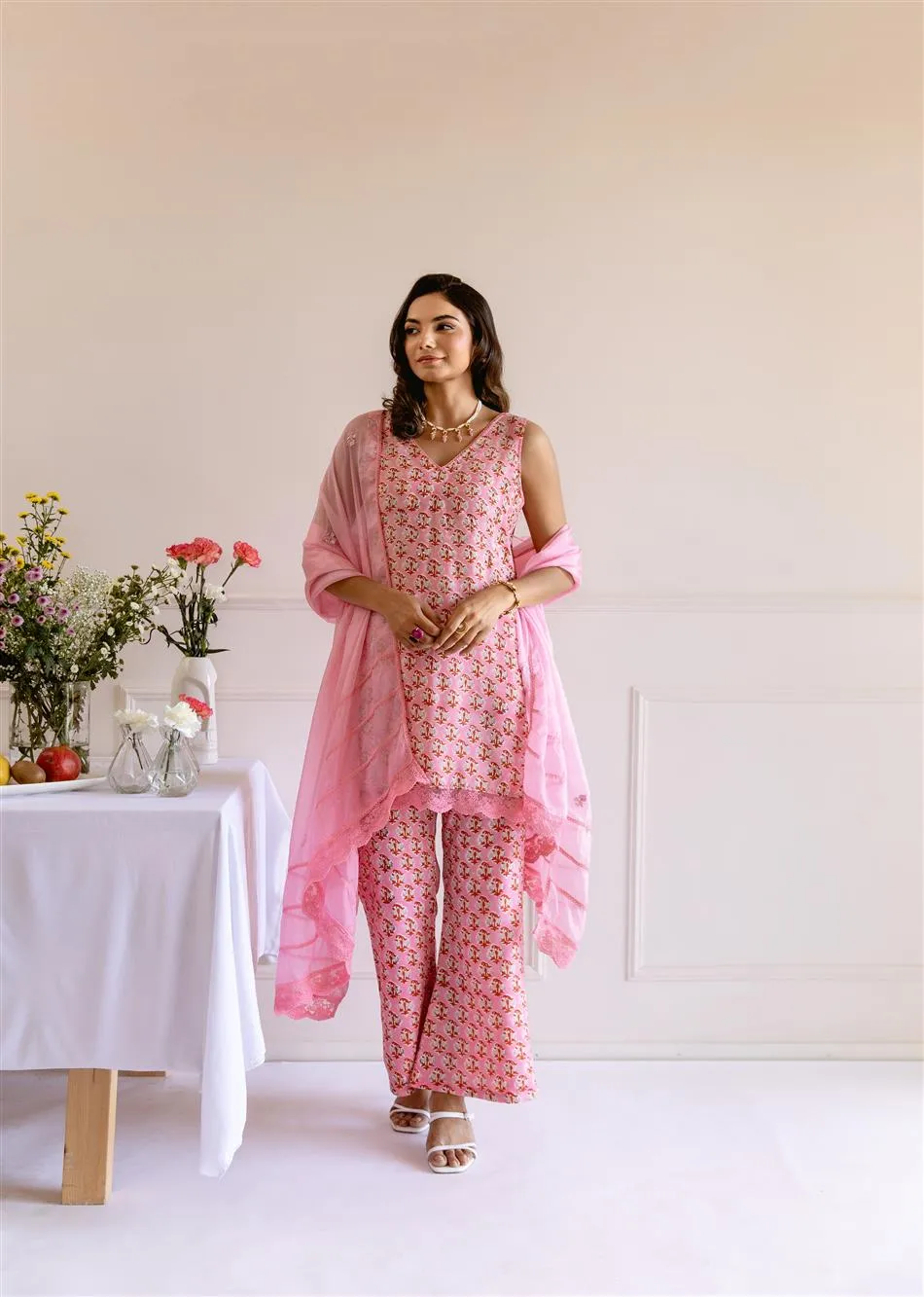 Pink Muslin Silk Straight 3-Piece Kurta Set