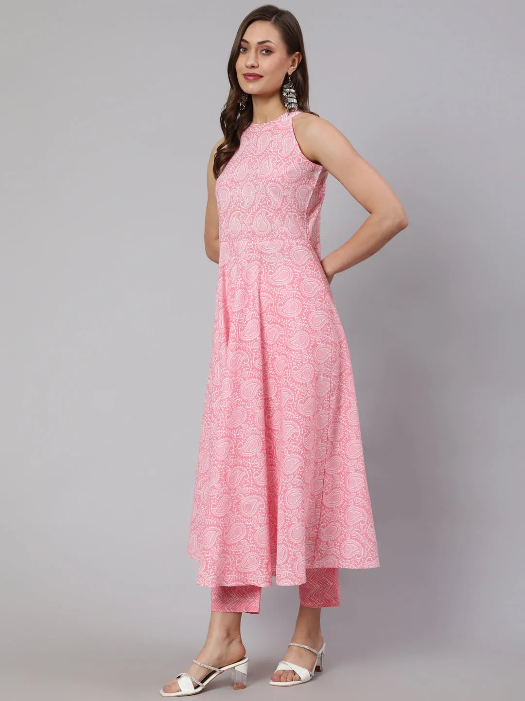 Pink Printed Halter Neck Kurta With Printed Pants And  Dupatta