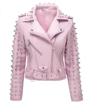 Pink Studs Leather Jacket