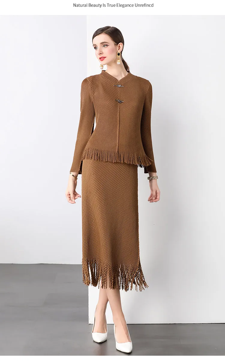 Pleated & Tassel 2 Pieces Long Sleeve Buttons & Midi-Skirt