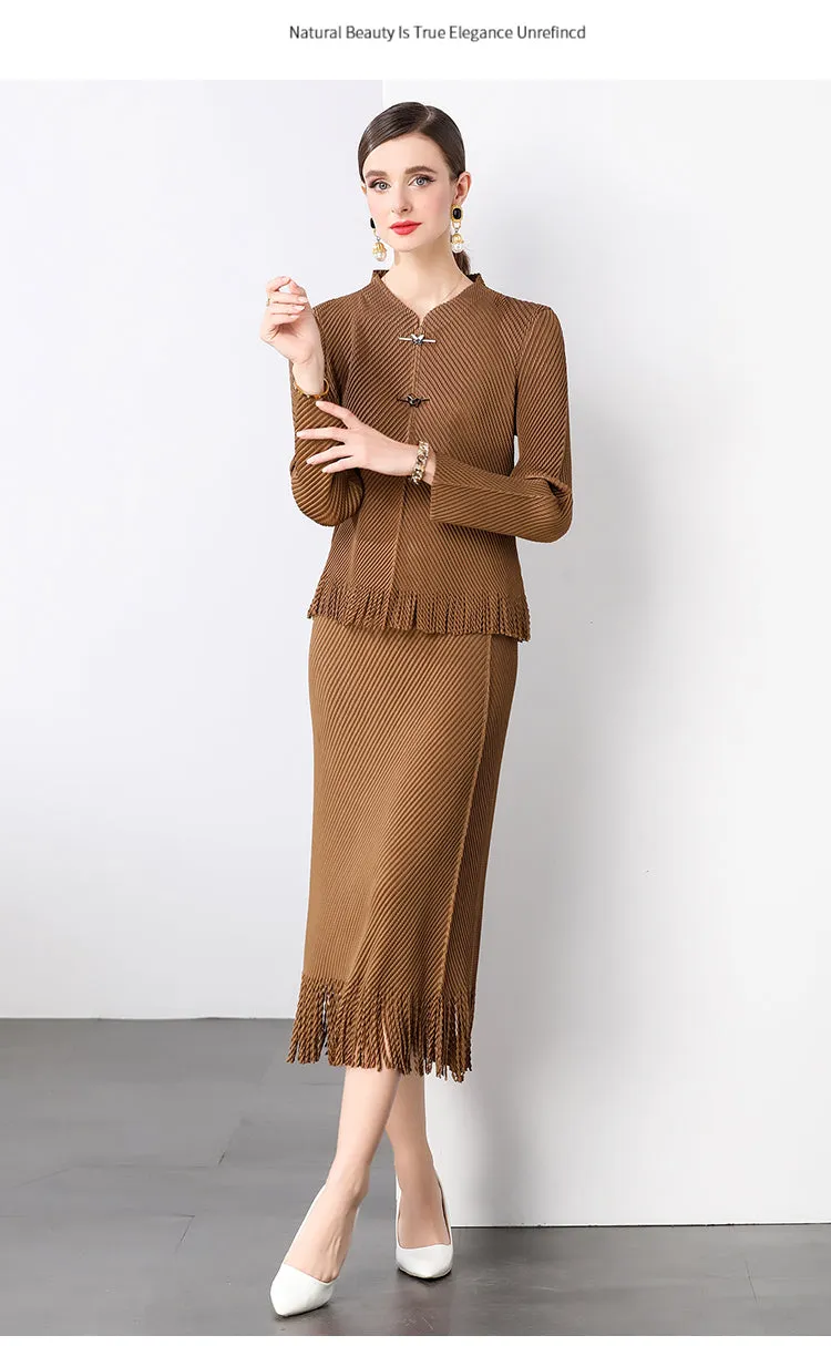 Pleated & Tassel 2 Pieces Long Sleeve Buttons & Midi-Skirt