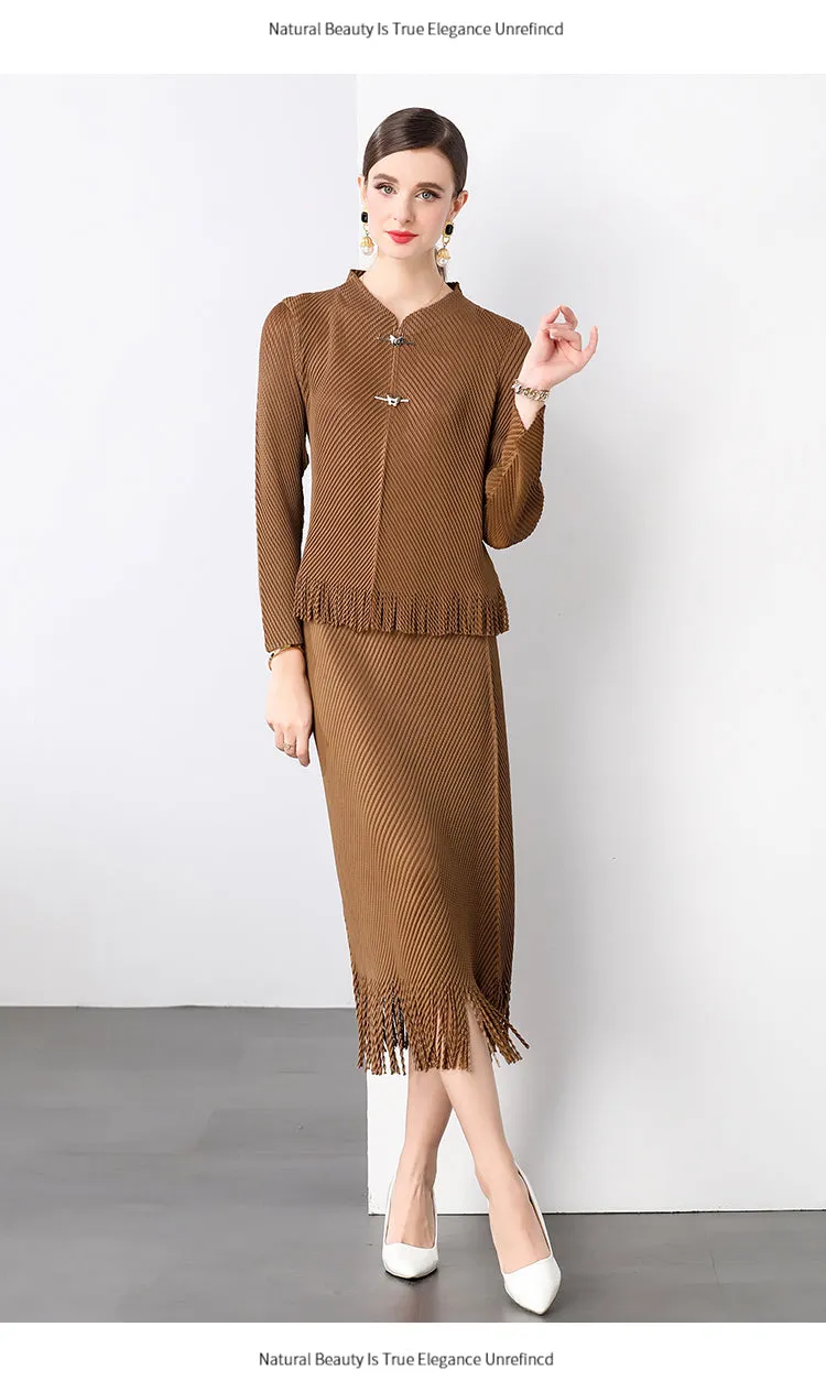 Pleated & Tassel 2 Pieces Long Sleeve Buttons & Midi-Skirt