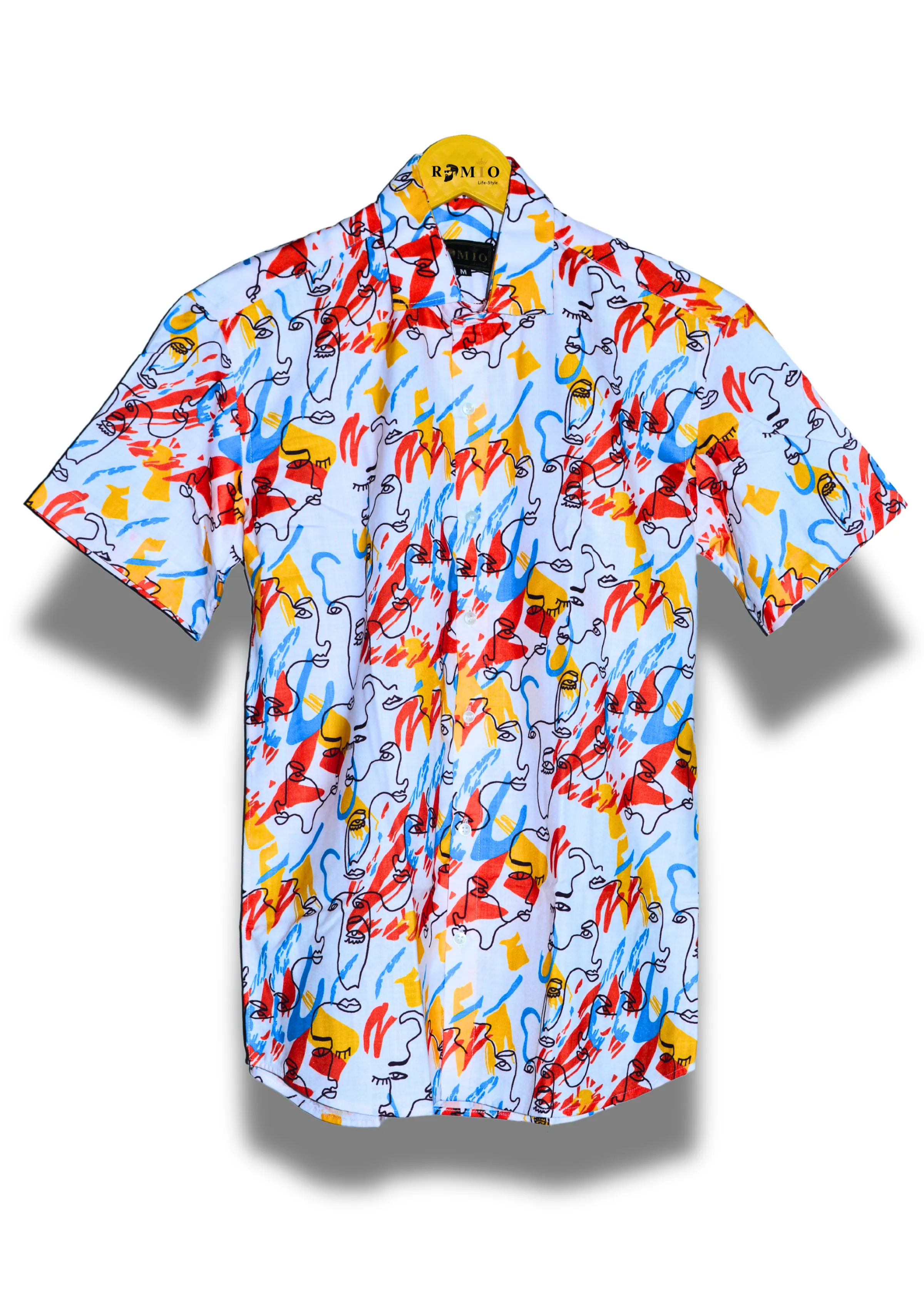 Pure cotton abstract White shirt with colorfull lining Half Sleev Shirt (f2)