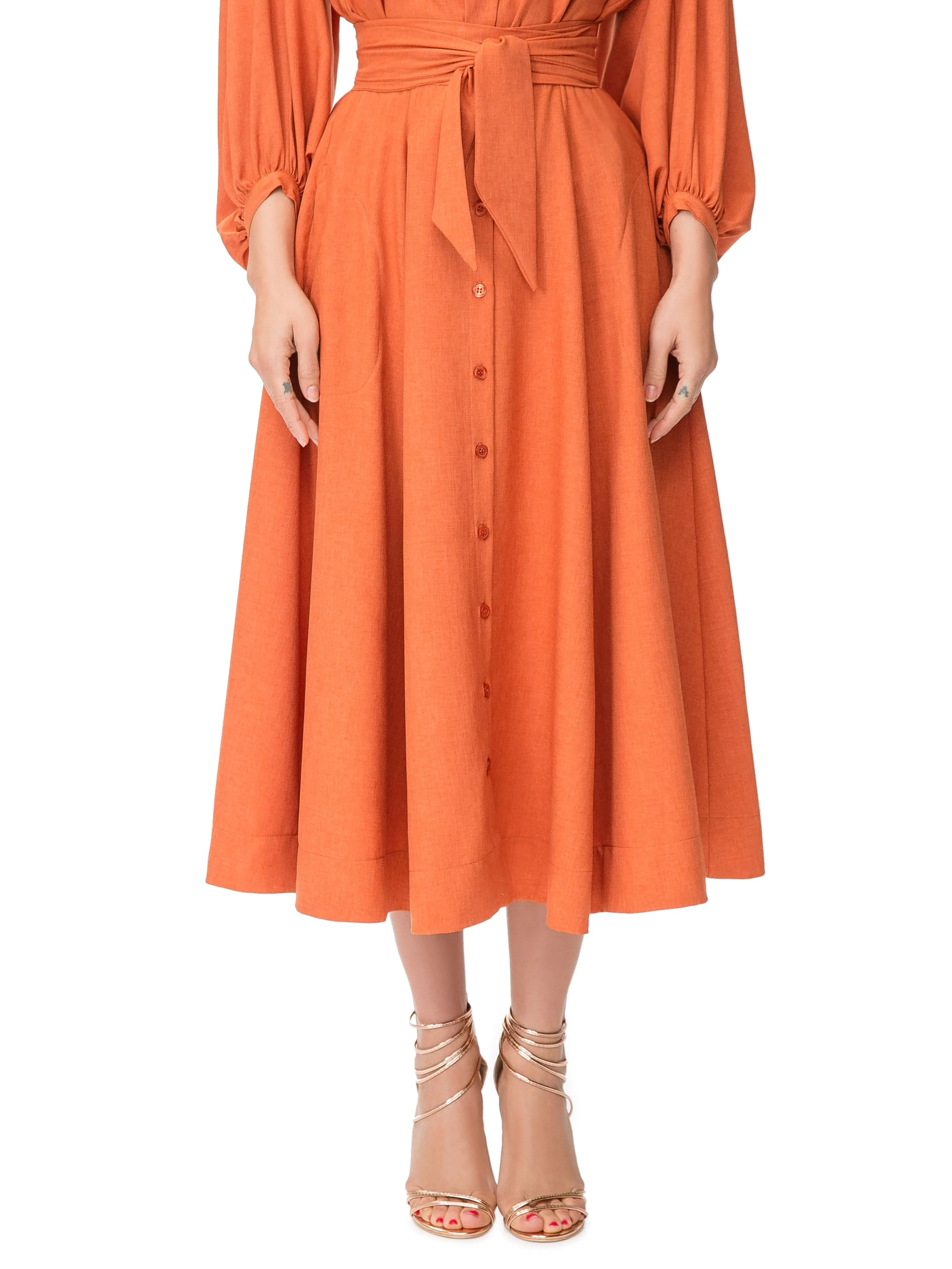 "Nina" Rust Belted Button-Down Skirt