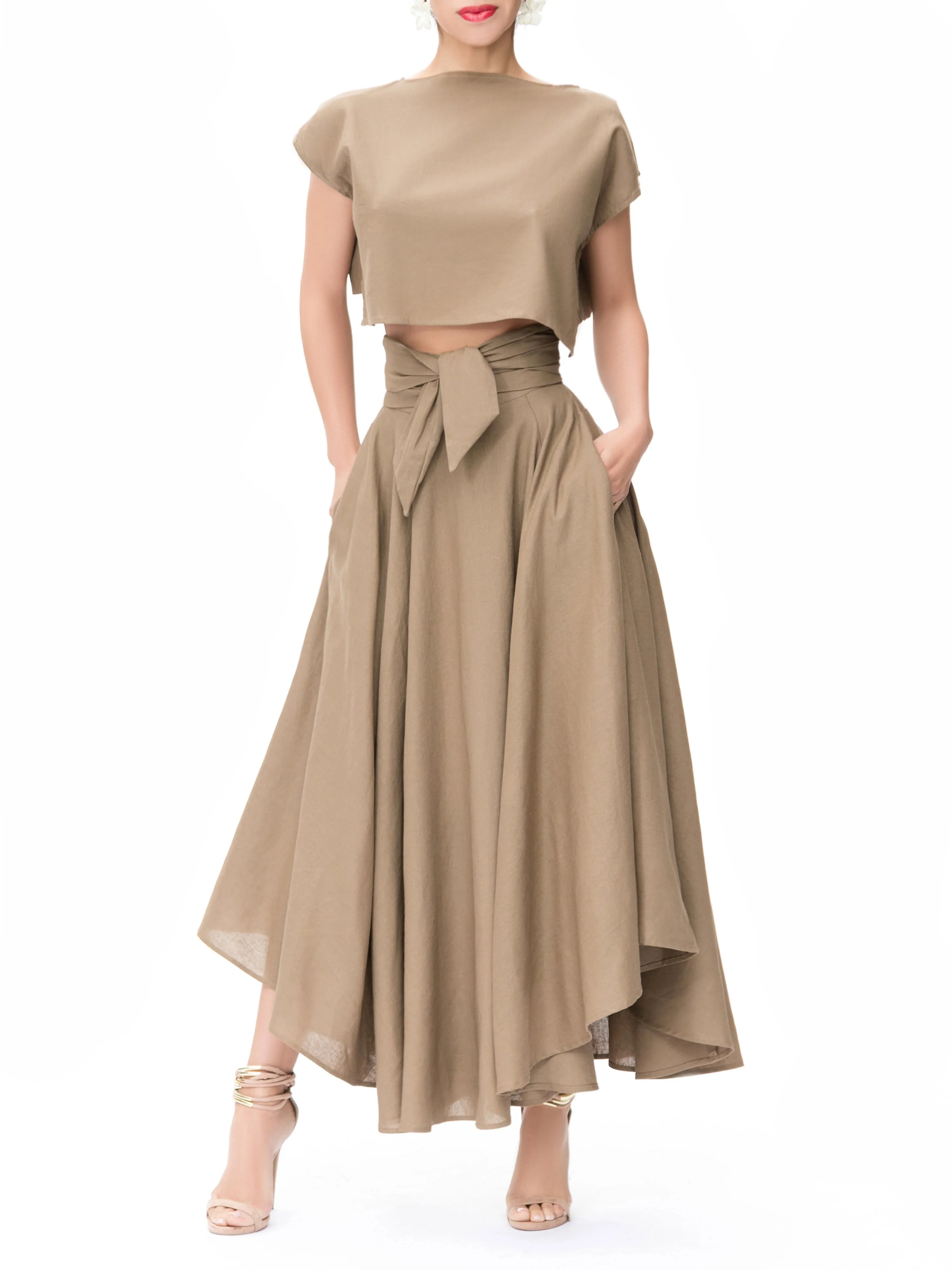 "Tulum" Khaki Belted Midi Swing Skirt