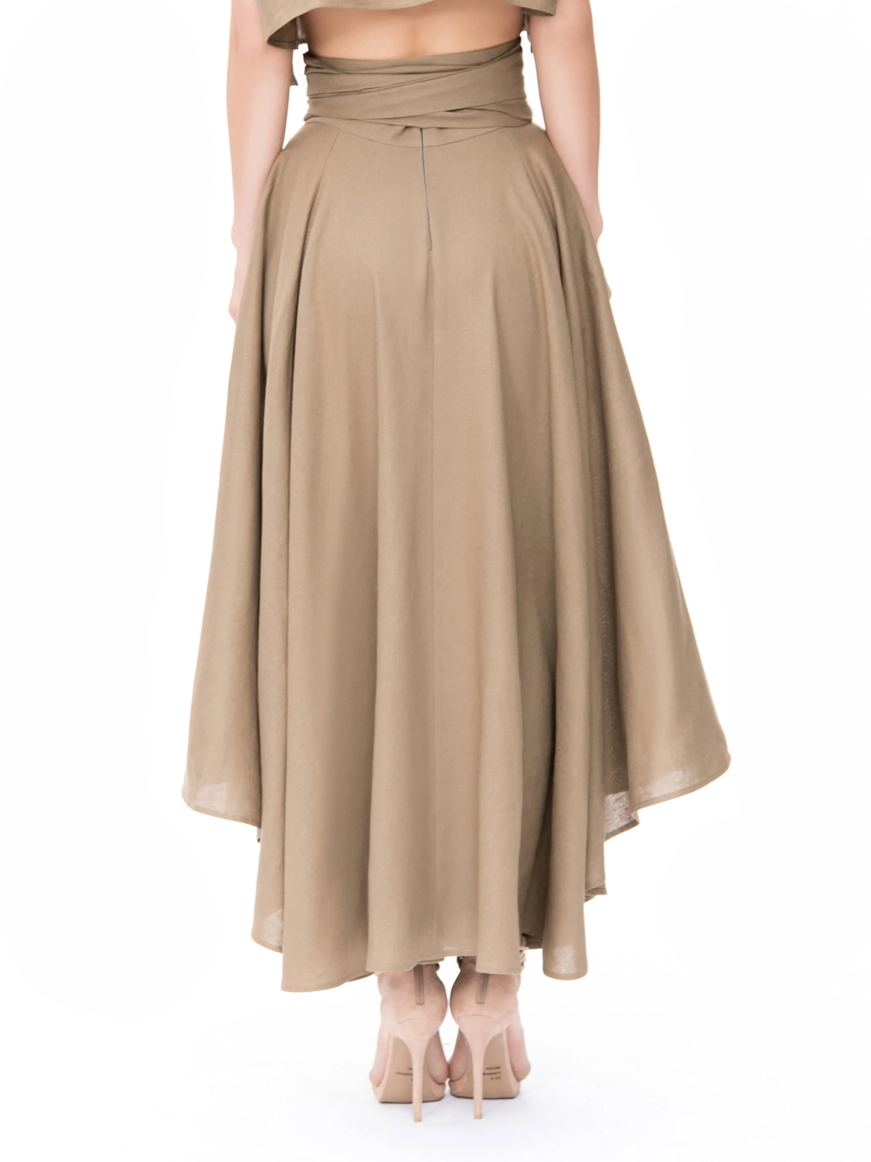 "Tulum" Khaki Belted Midi Swing Skirt