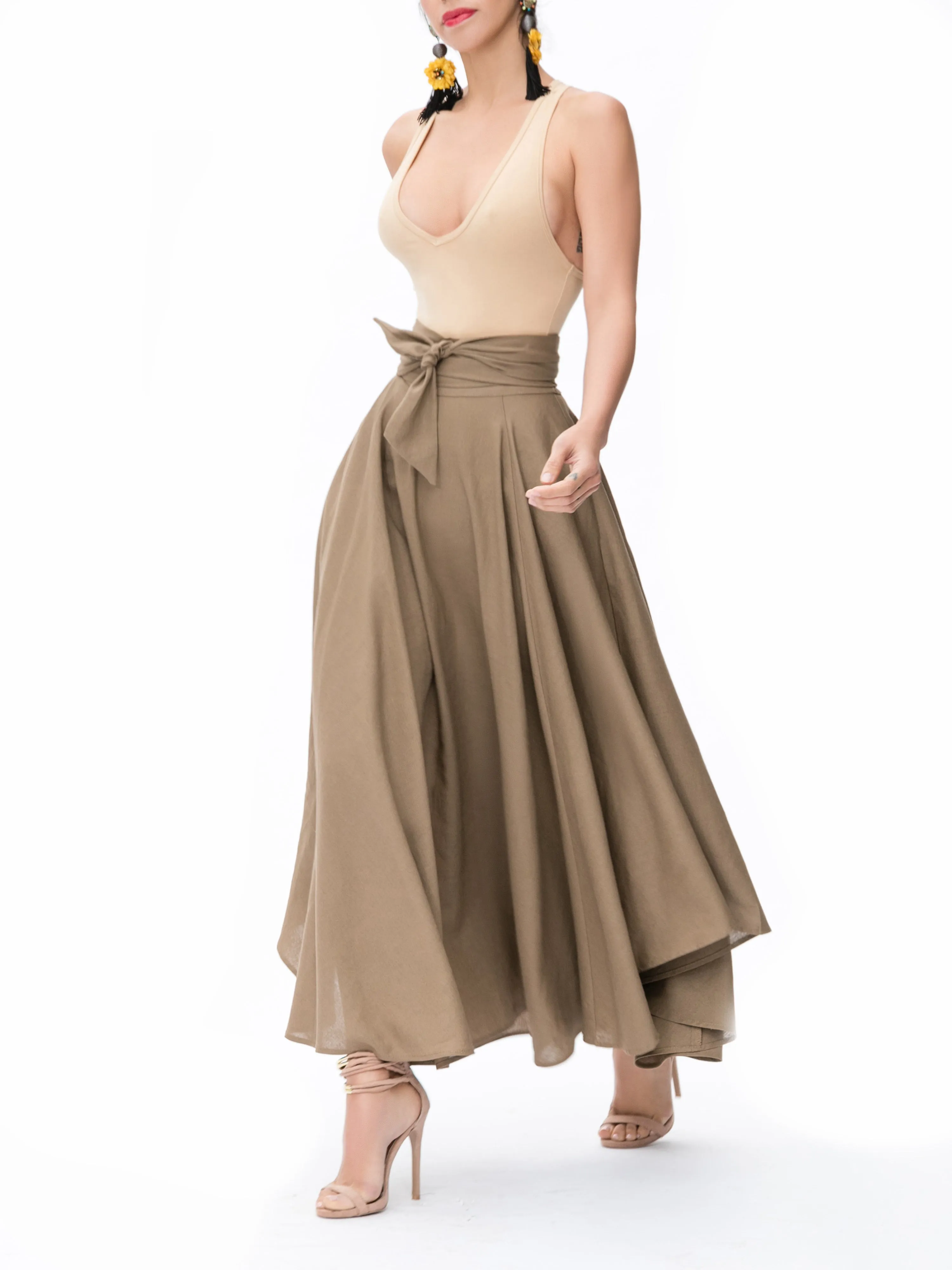 "Tulum" Khaki Belted Midi Swing Skirt