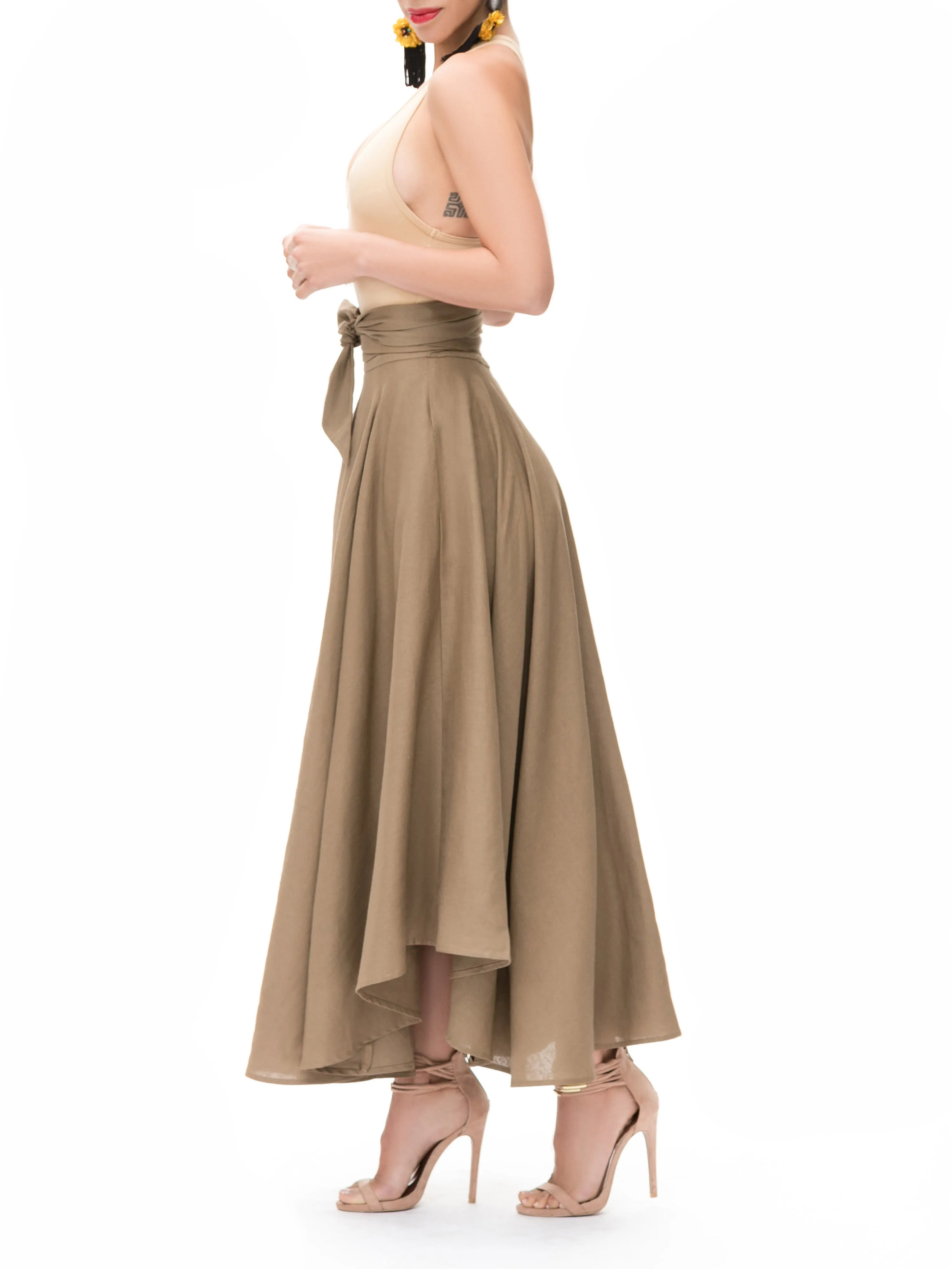 "Tulum" Khaki Belted Midi Swing Skirt