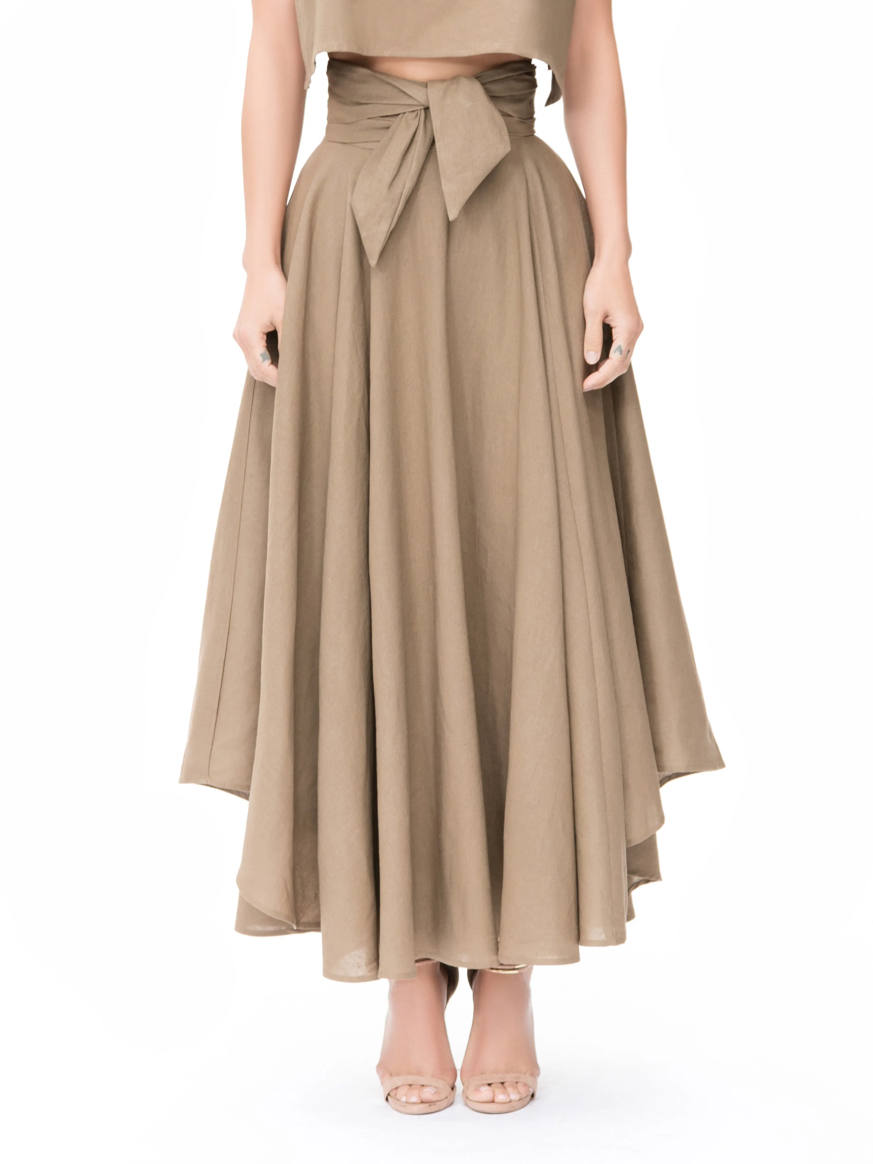 "Tulum" Khaki Belted Midi Swing Skirt