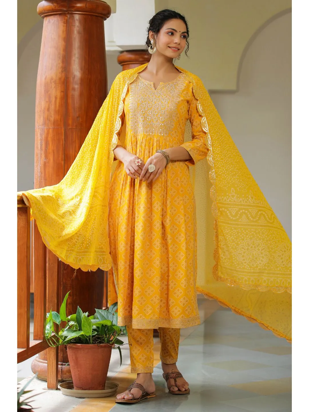 Raatrani Yellow Bandhani Print Naira Suit Set