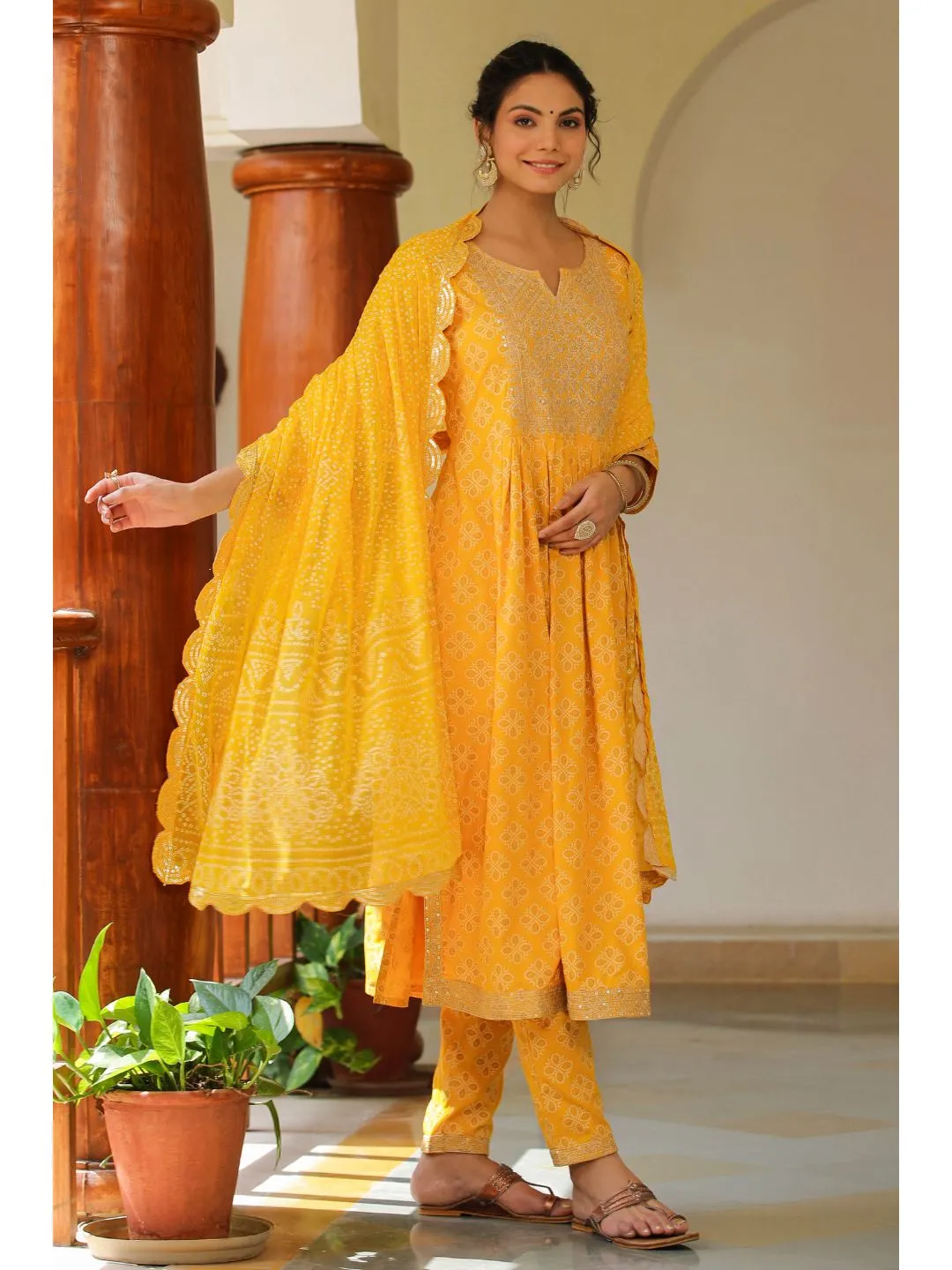 Raatrani Yellow Bandhani Print Naira Suit Set