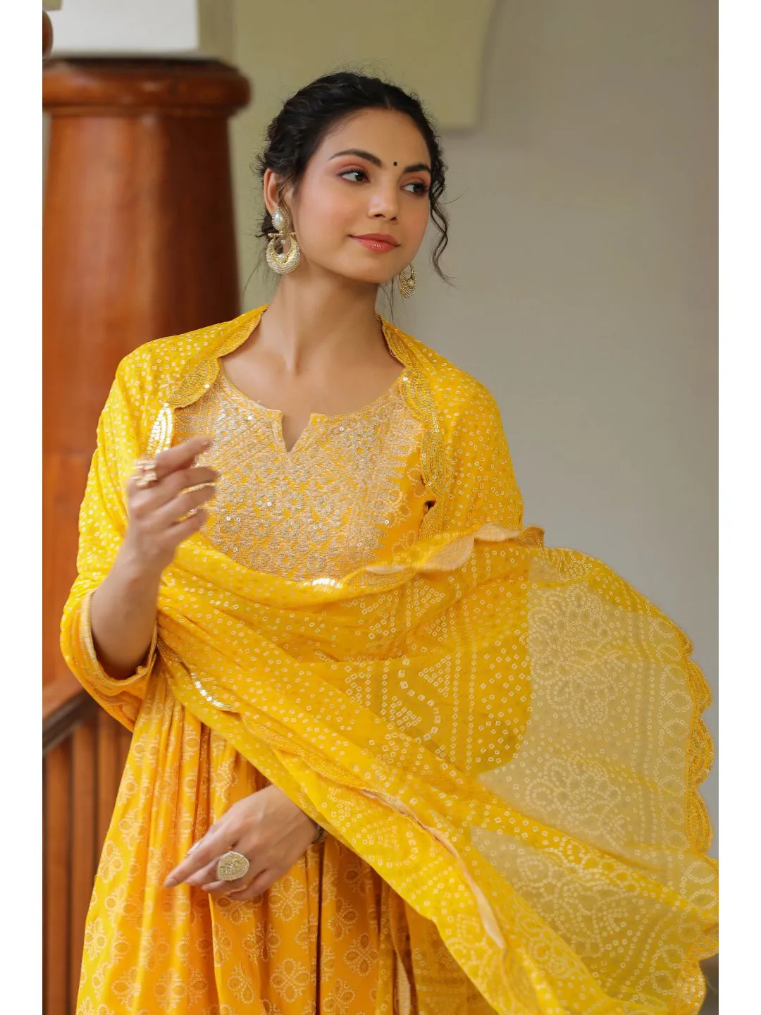 Raatrani Yellow Bandhani Print Naira Suit Set