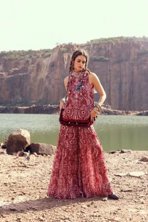 Red Geo Floral Embroidered Taseled Top & Sharara Pants