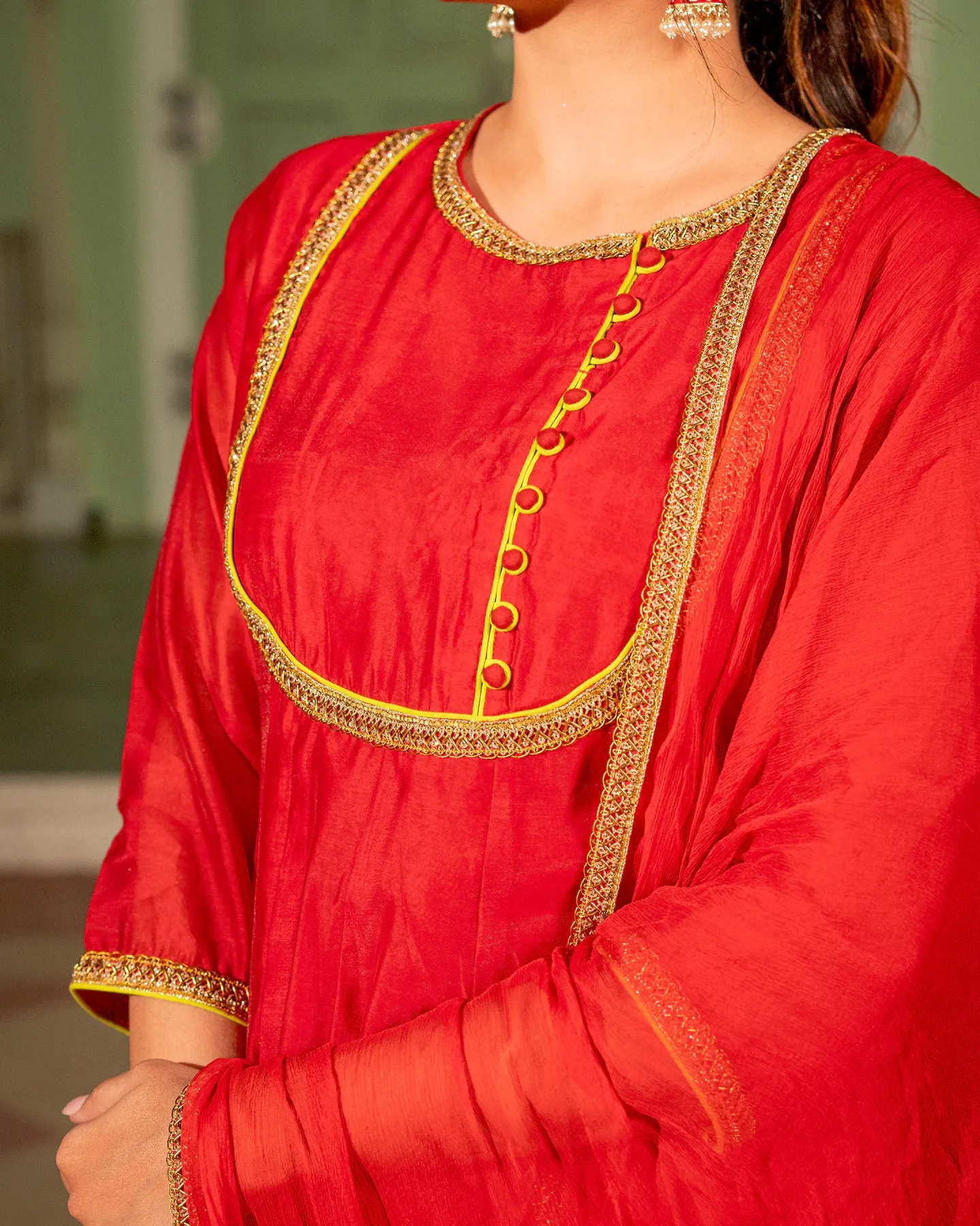 Red Kalidaar Chanderi Suit Set