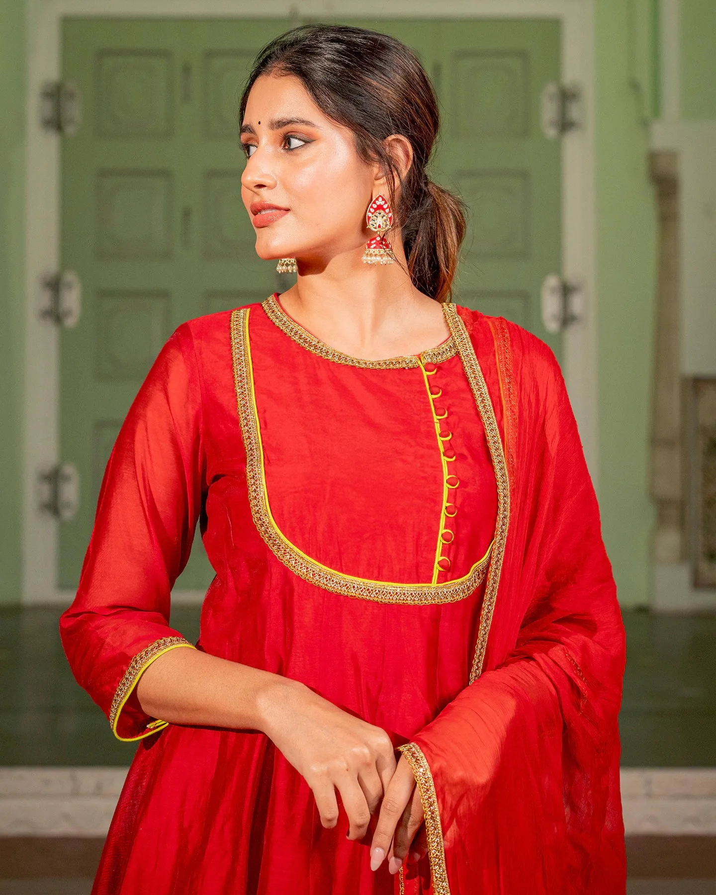 Red Kalidaar Chanderi Suit Set