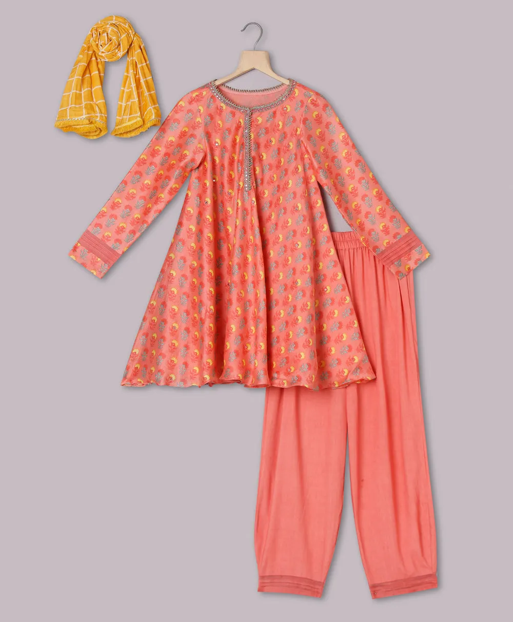 Red Printed Suit & Coral Plain Salwar