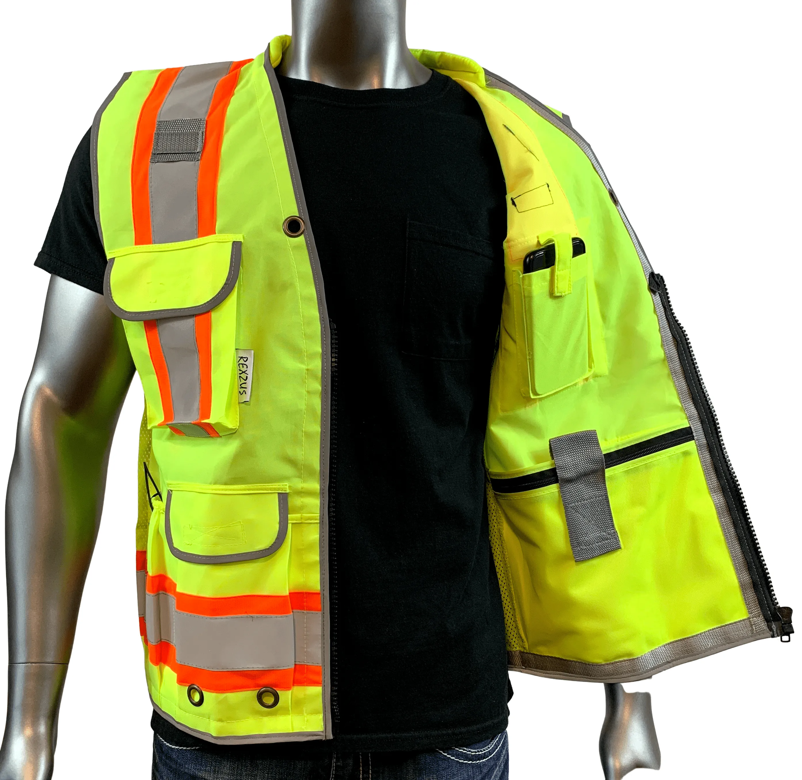 REXZUS A Reflective Vest Class 2 Heavy Woven Two Tone Engineer Hi Viz Safety Vest 3M 8712 Tape