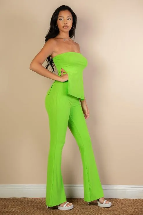 Ribbed Side Slit Bandeau Top & Flare Pants Set