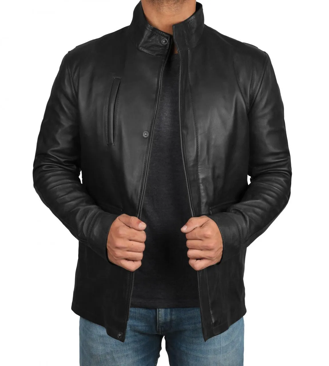 Richards Mens Upright Collar Black Lambskin Leather Jacket