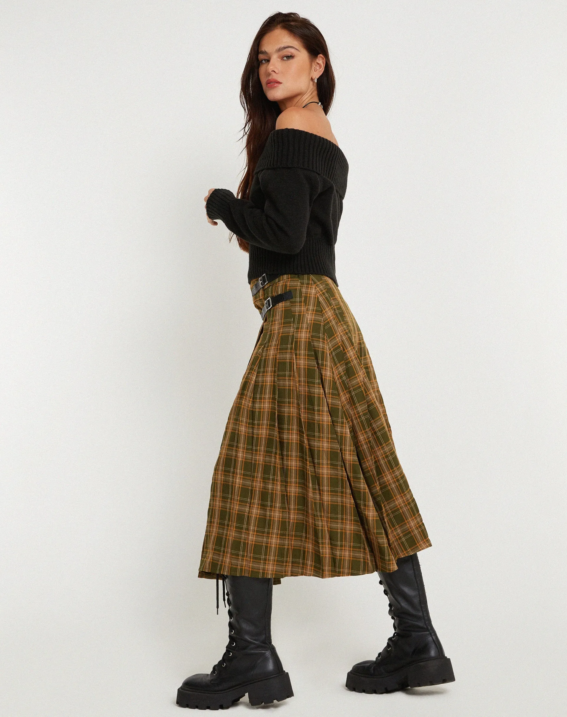 Rigifa Midi Skirt in Tartans Green Brown