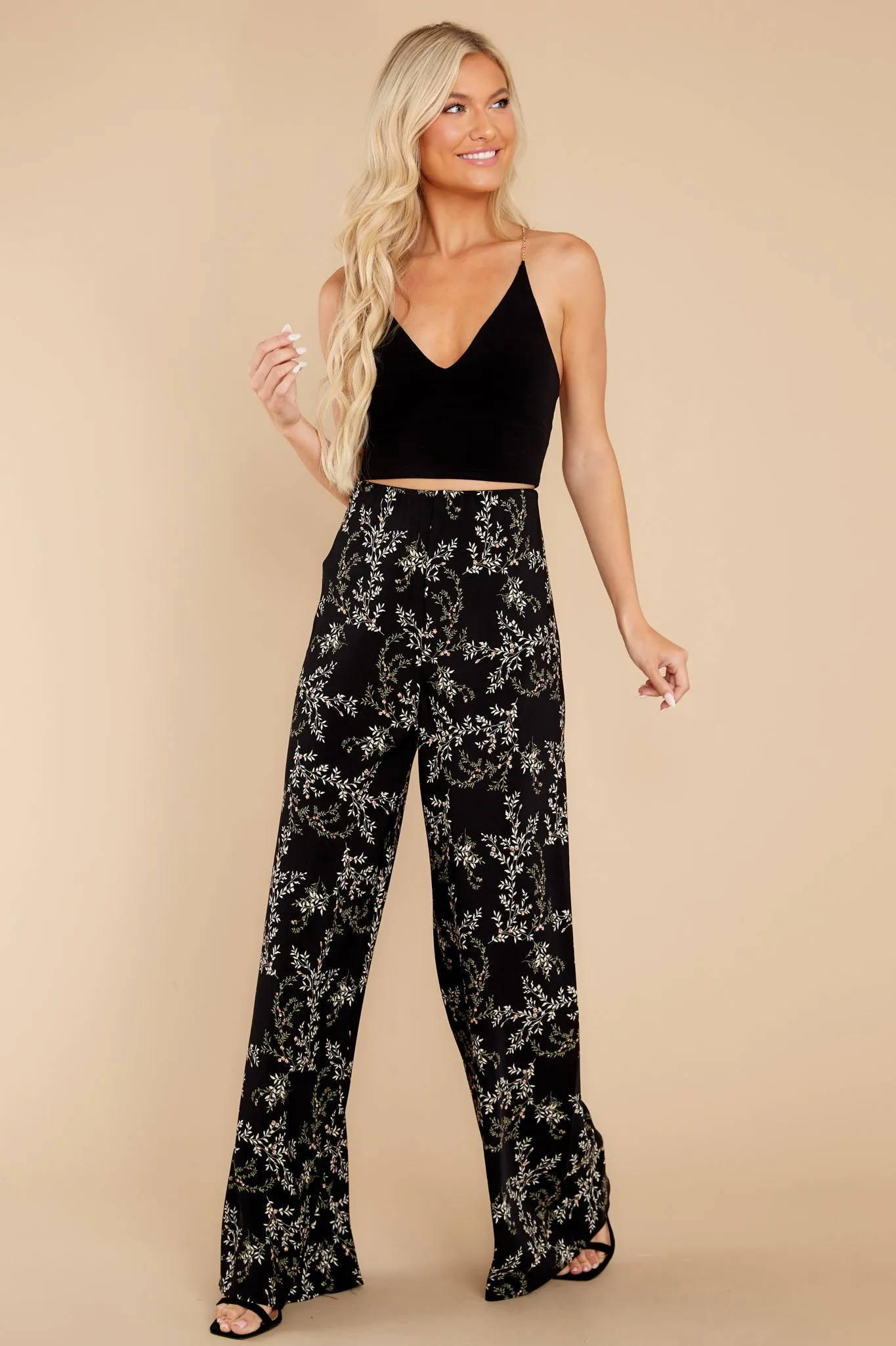 Seasonal Blooms Black Floral Print Pants