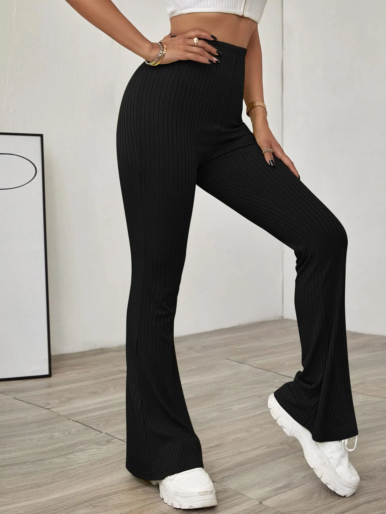 Shein Solid Ribbed Flared Leg Pants