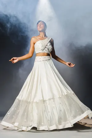 Shell white lehenga set with one shoulder drape top