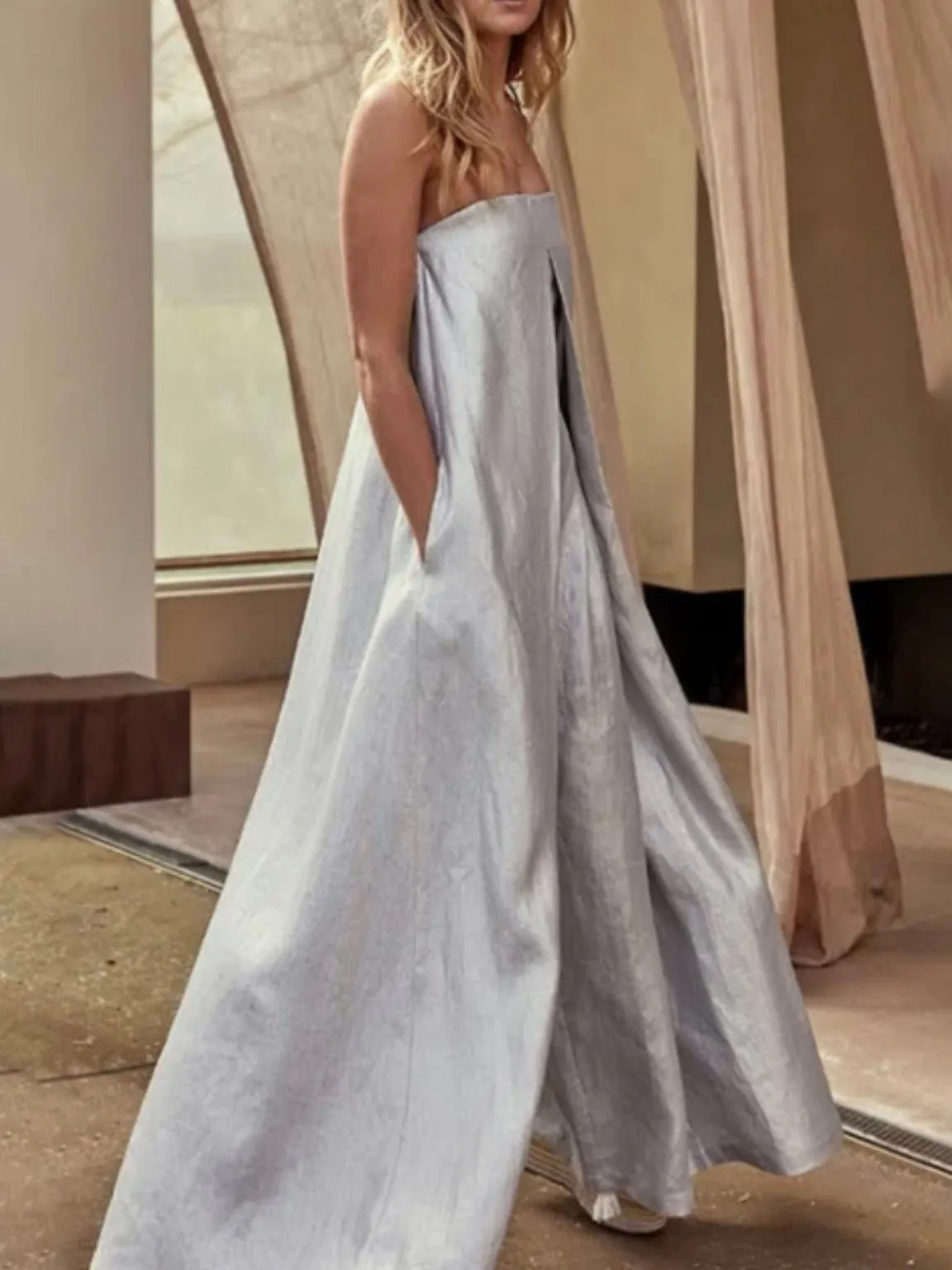 Silver metallic look strapless wide leg jumper