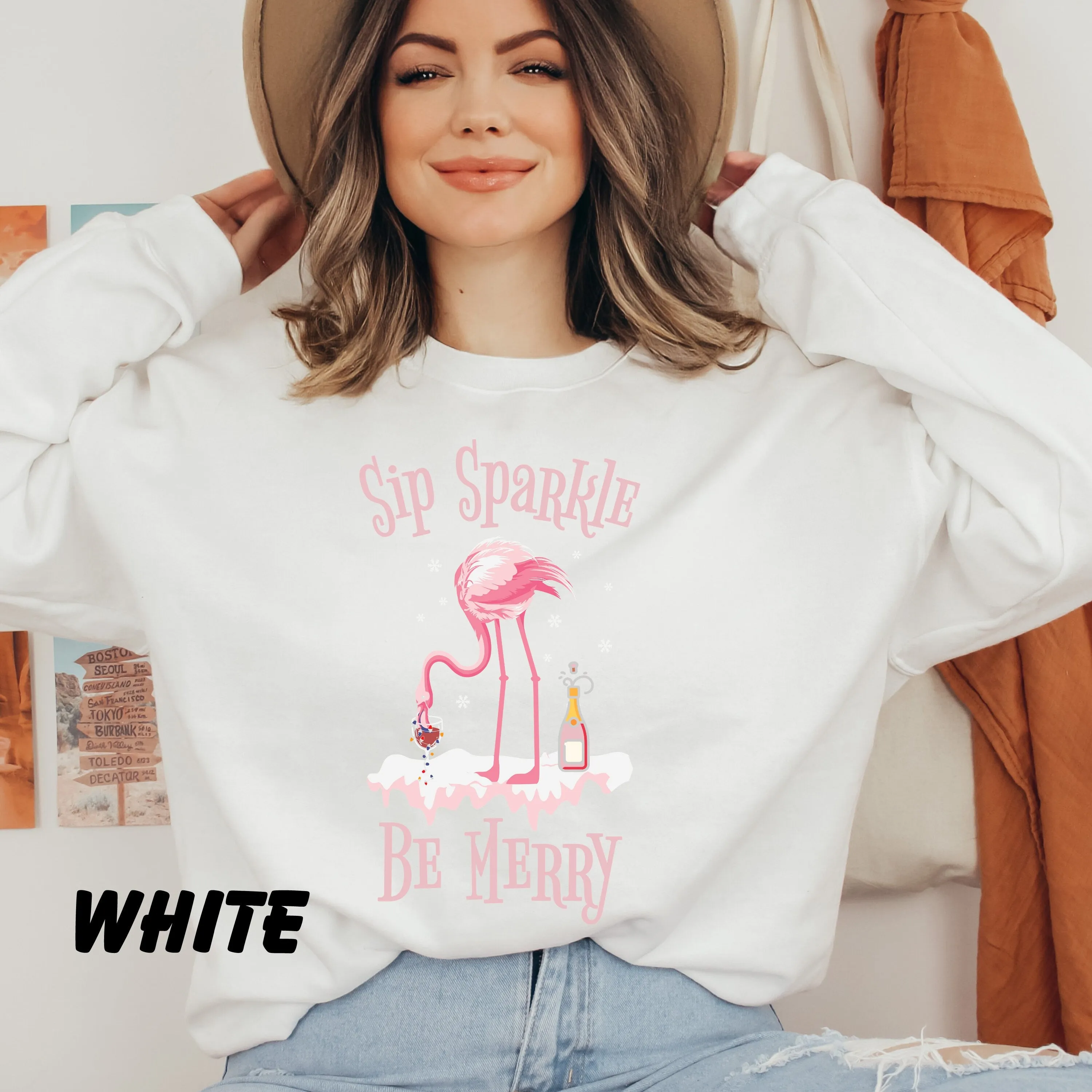 Sip Sparkle Be Merry Sweatshirt, Christmas Champagne Shirt, Flamingo Christmas in July Shirt