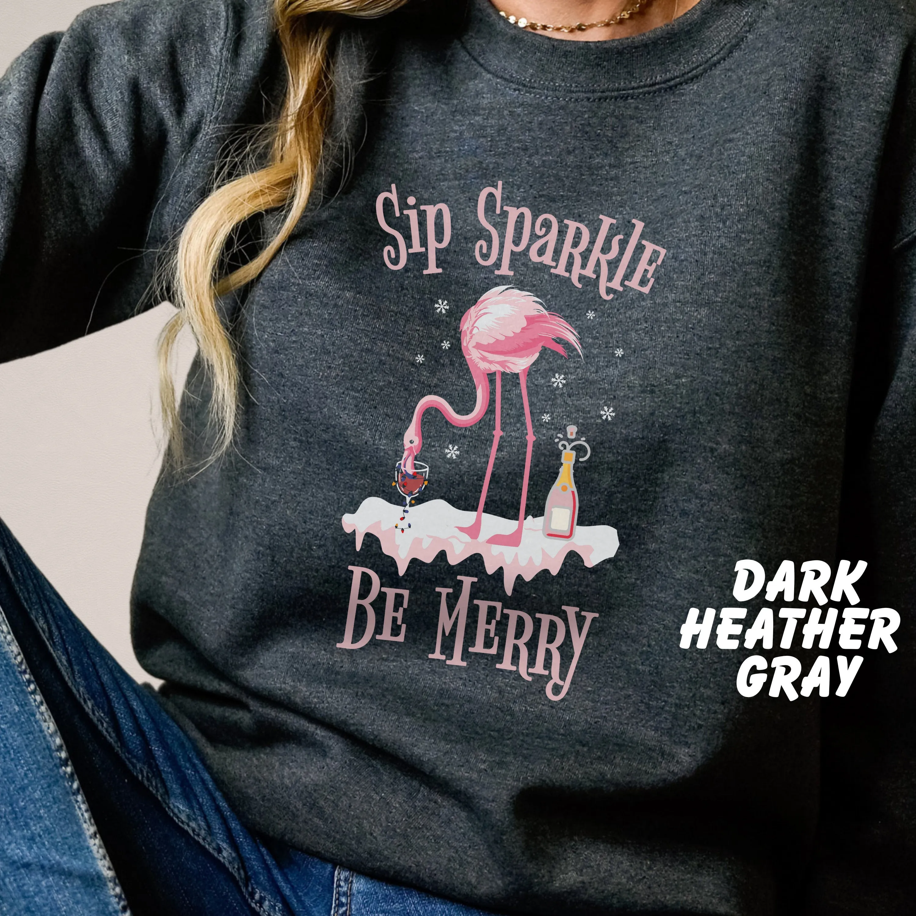 Sip Sparkle Be Merry Sweatshirt, Christmas Champagne Shirt, Flamingo Christmas in July Shirt