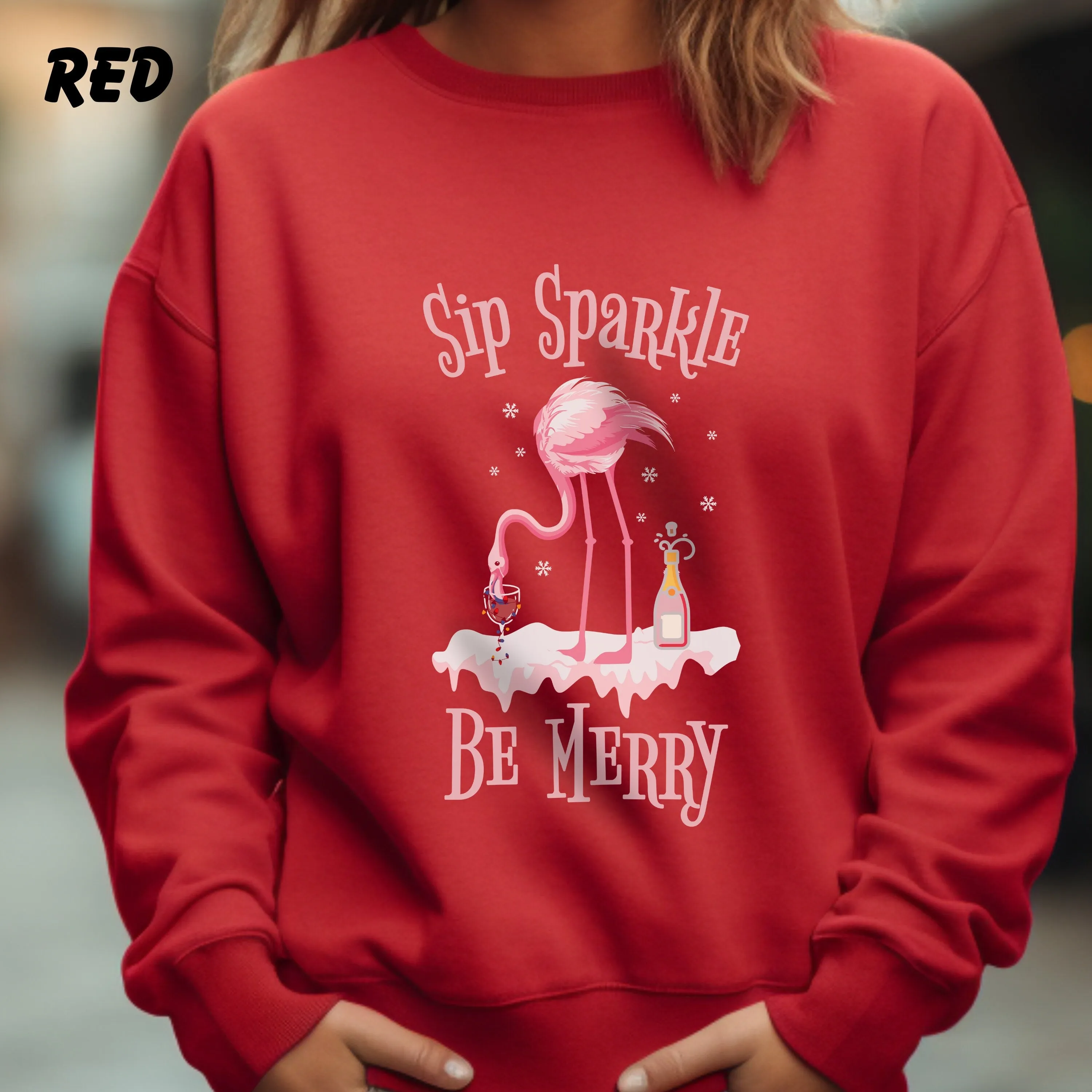 Sip Sparkle Be Merry Sweatshirt, Christmas Champagne Shirt, Flamingo Christmas in July Shirt